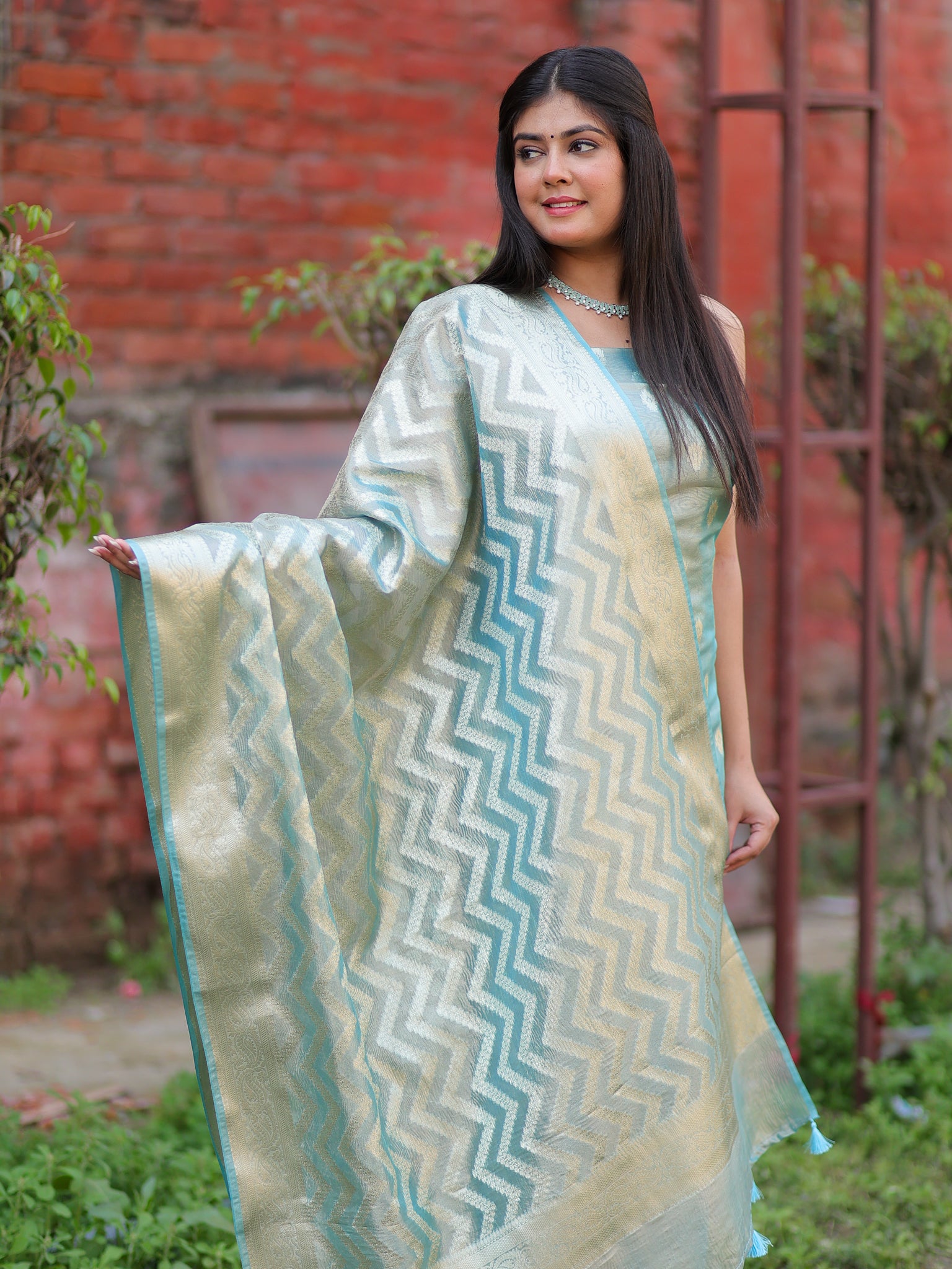 Banarasi Tissue Salwar Kameez with Dupatta- Blue