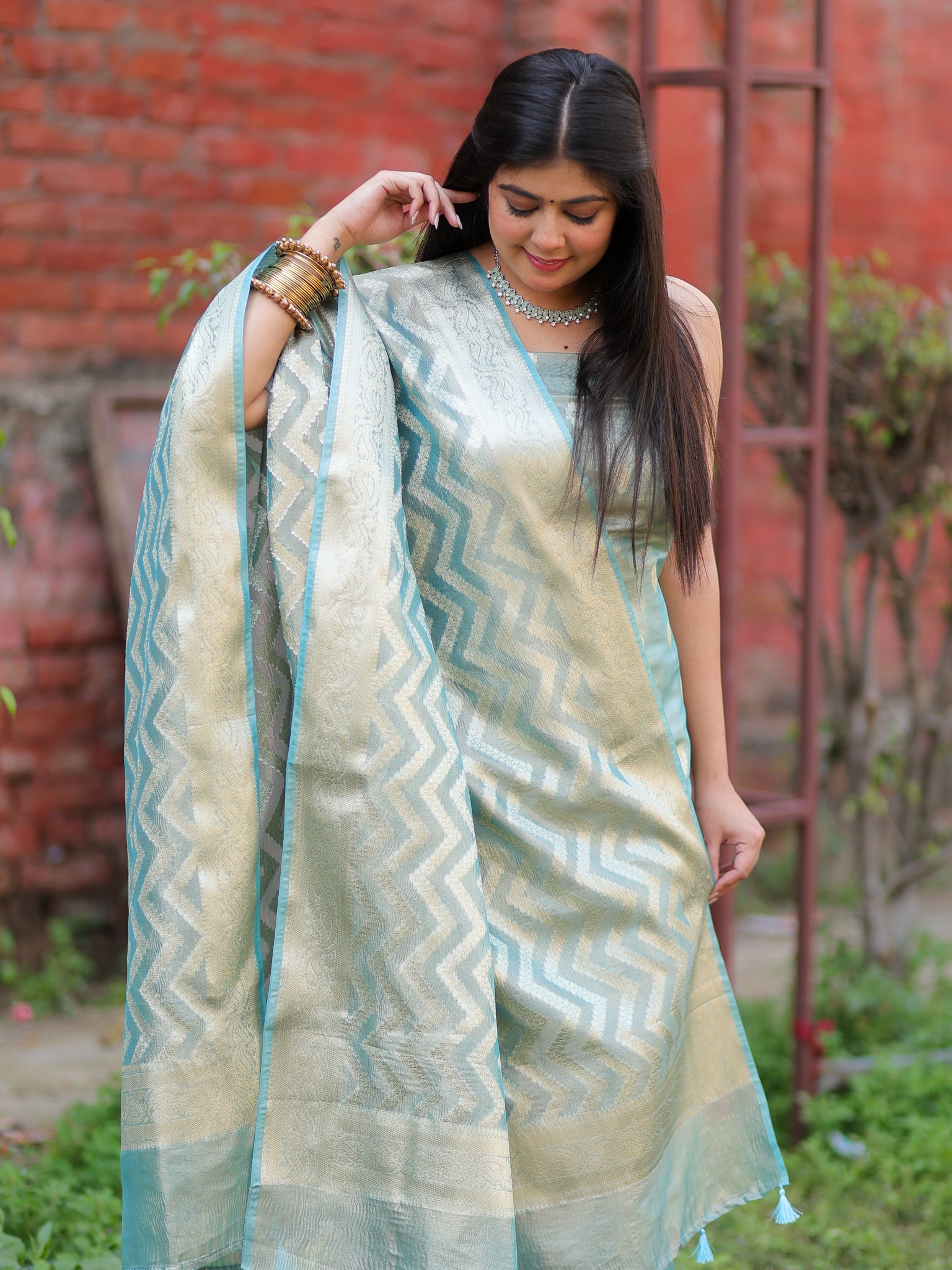 Banarasi Tissue Salwar Kameez with Dupatta- Blue
