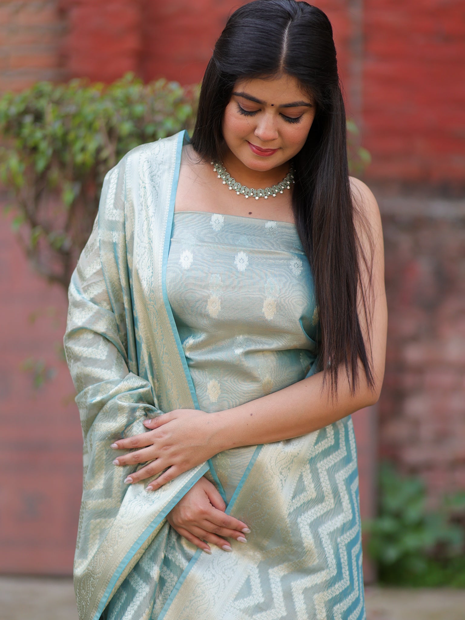 Banarasi Tissue Salwar Kameez with Dupatta- Blue