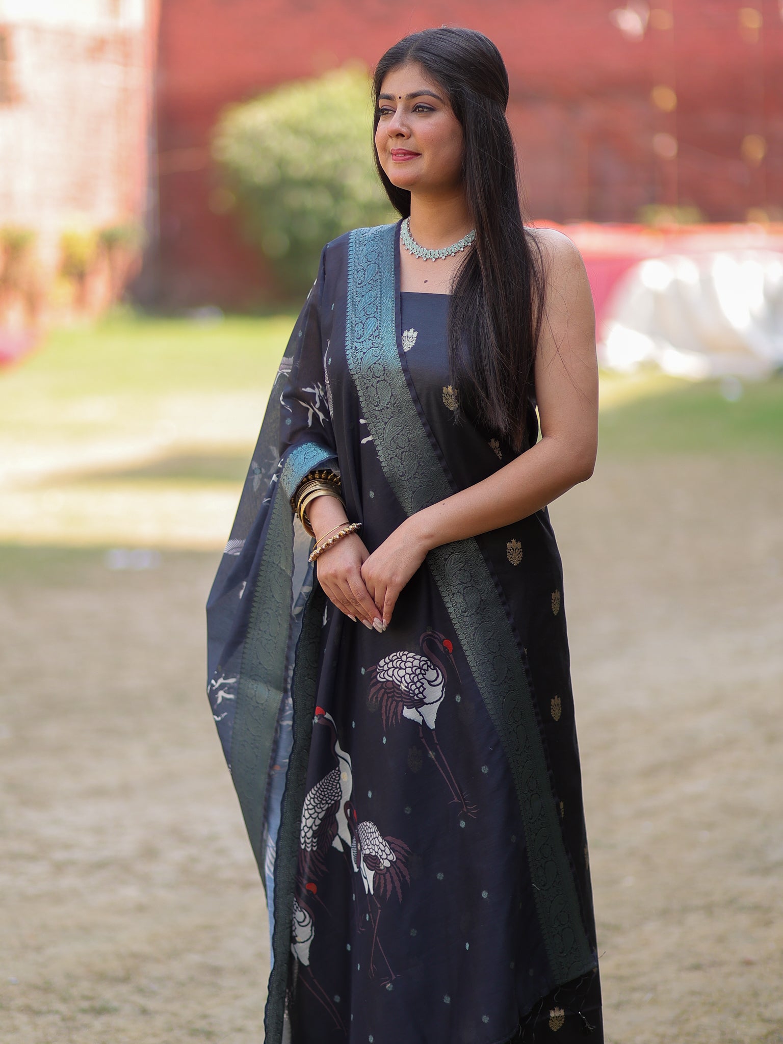 Banarasi Salwar Kameez with Printed Dupatta- Black