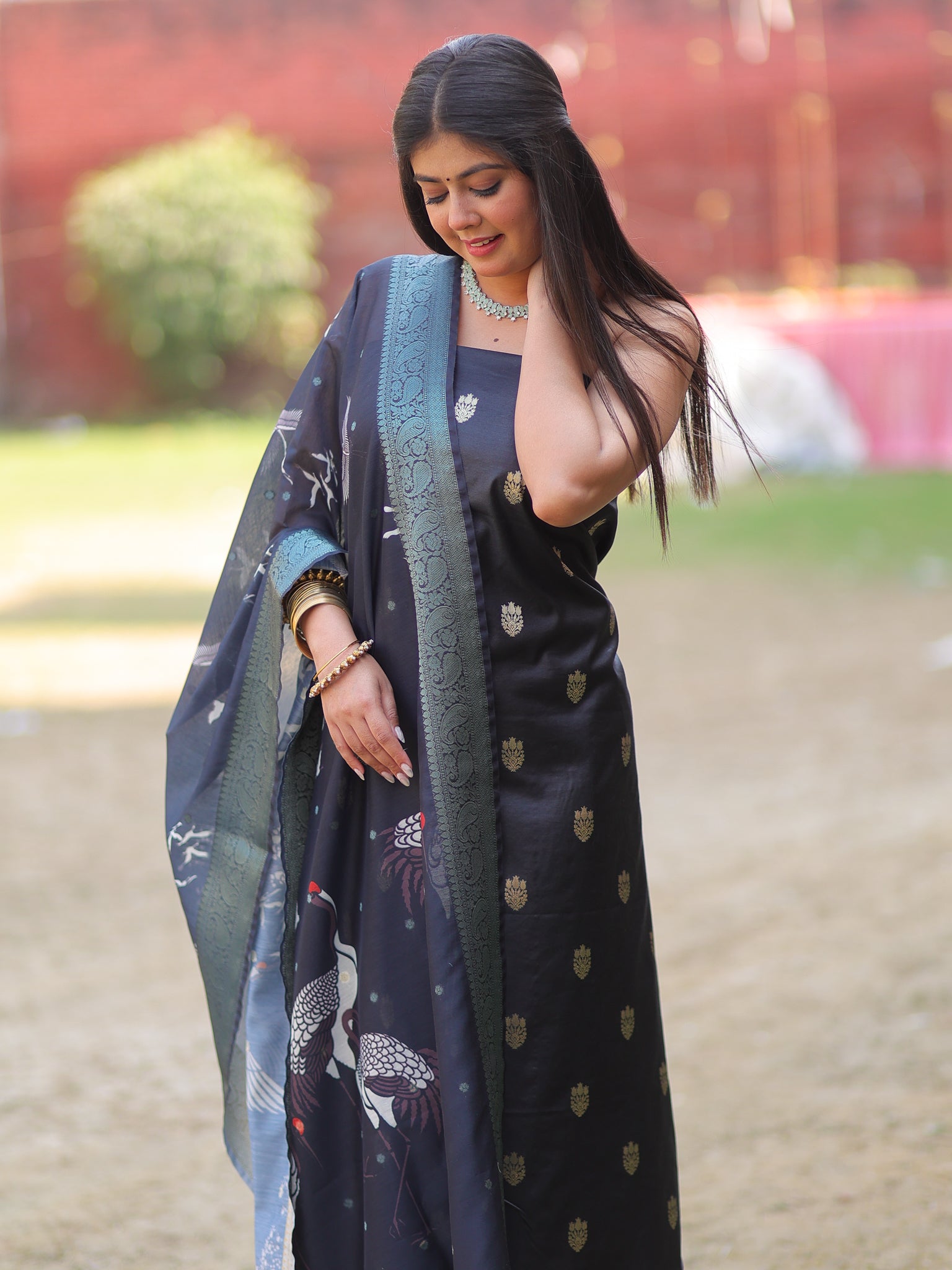 Banarasi Salwar Kameez with Printed Dupatta- Black