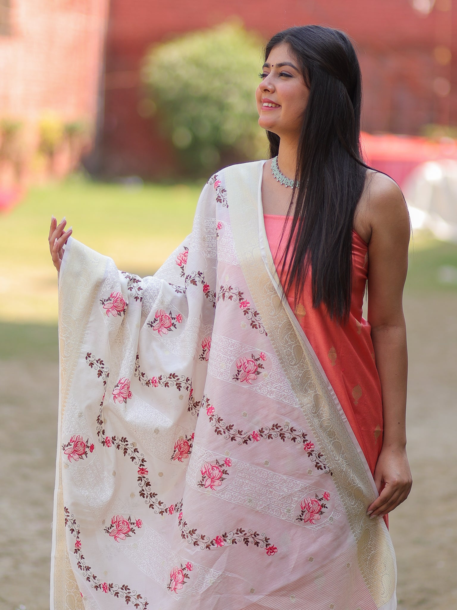 Banarasi Cotton Silk Salwar Kameez with Contrast Dupatta- Pink