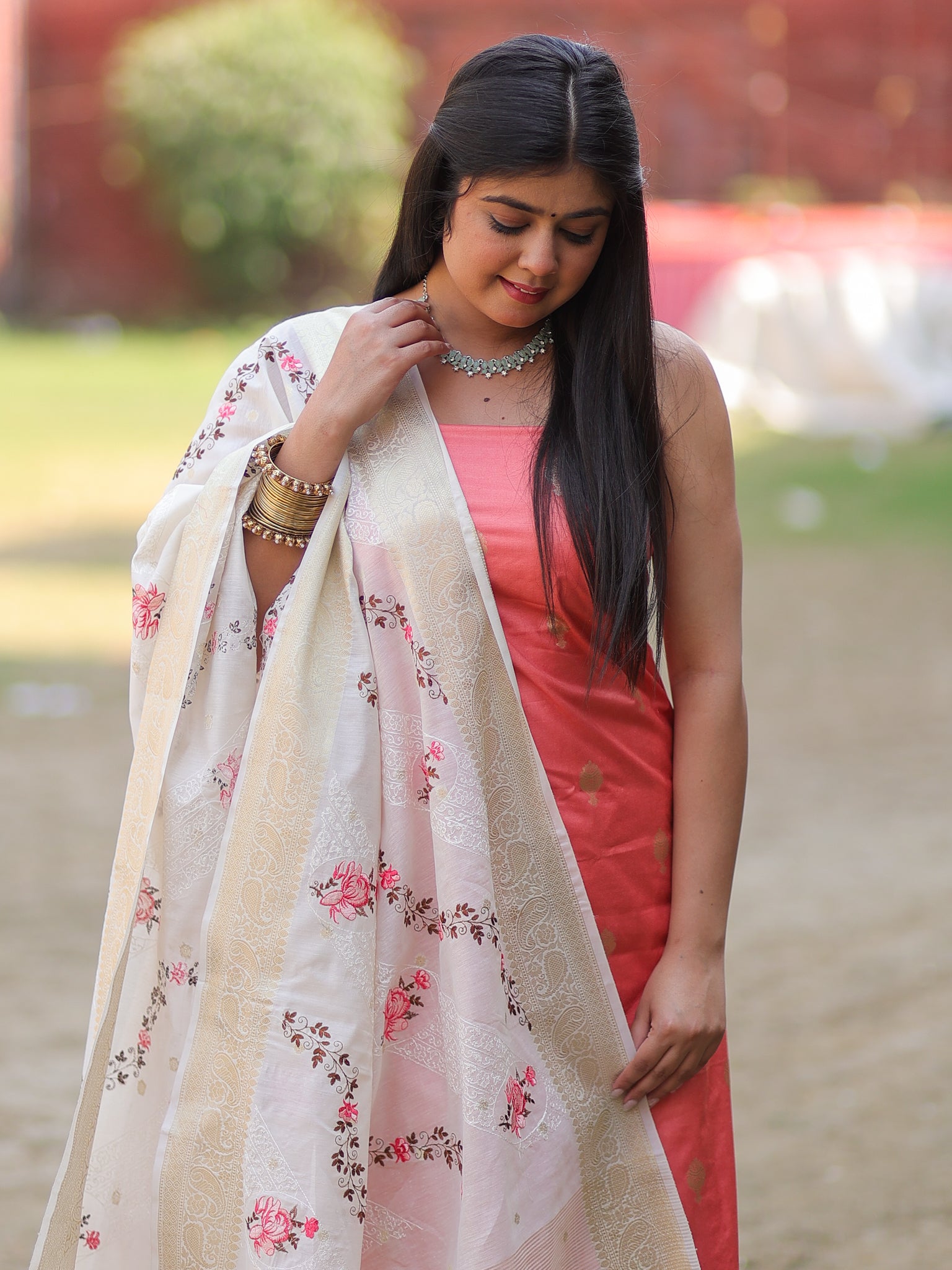 Banarasi Cotton Silk Salwar Kameez with Contrast Dupatta- Pink