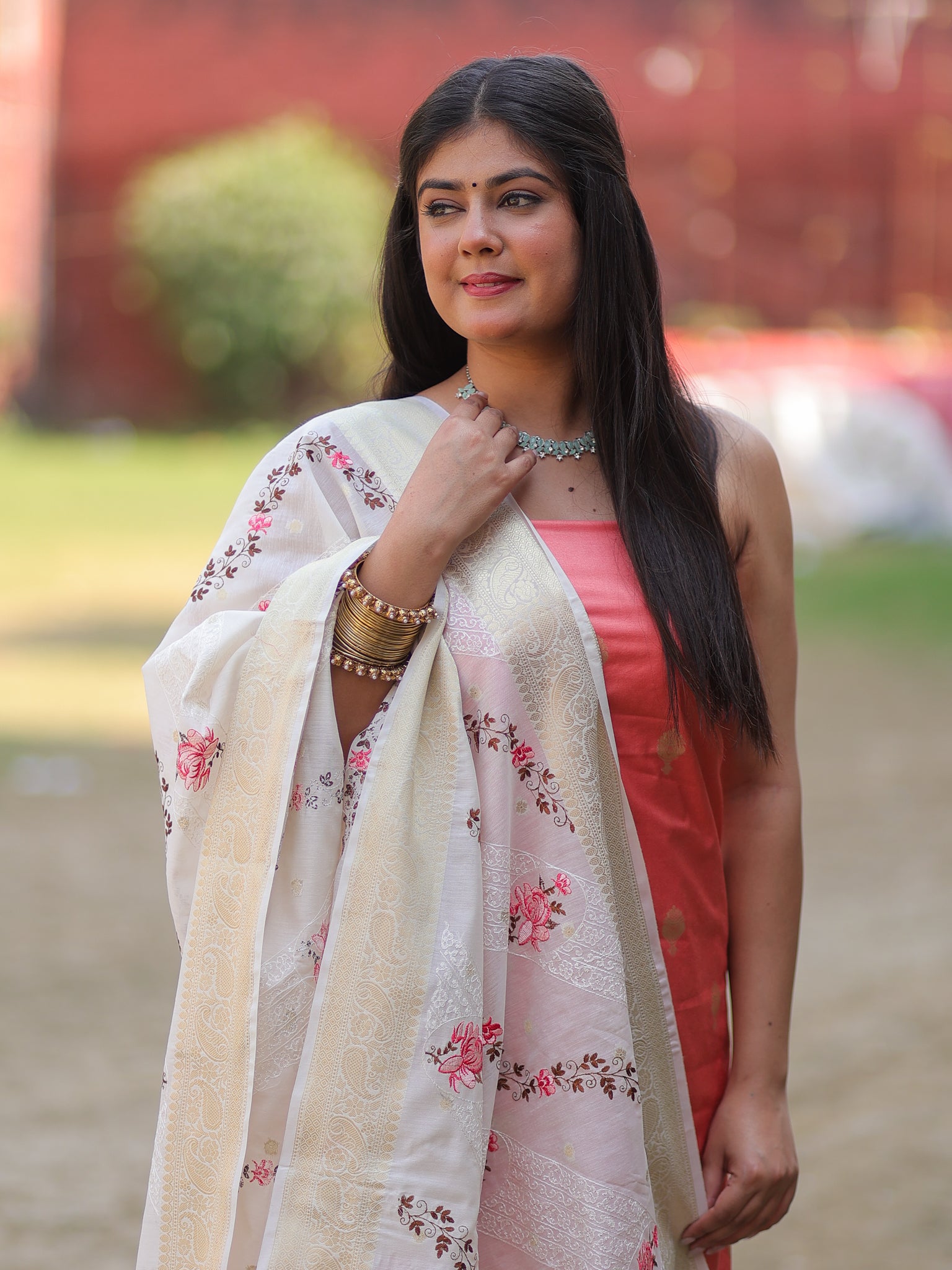 Banarasi Cotton Silk Salwar Kameez with Contrast Dupatta- Pink