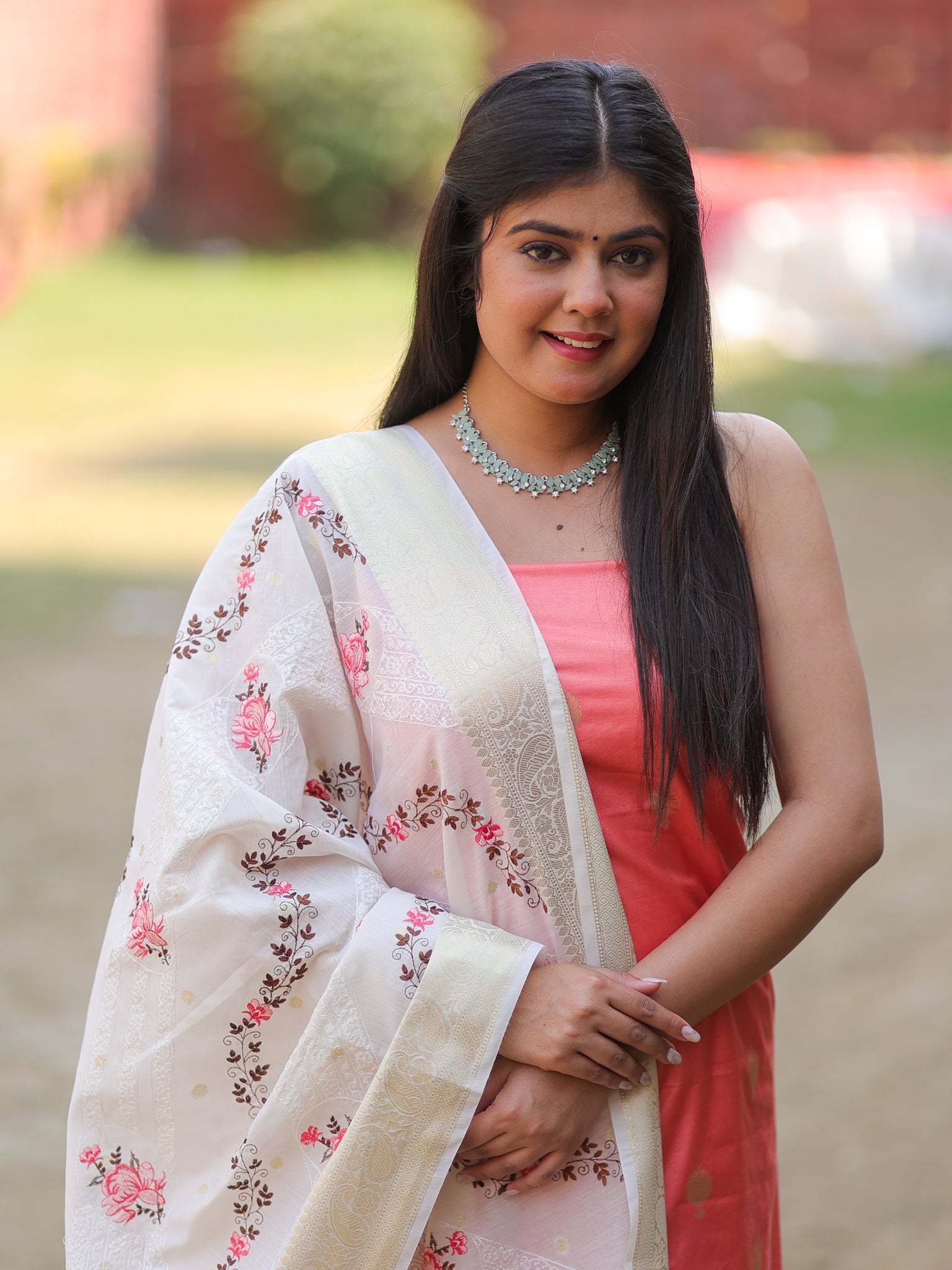 Banarasi Cotton Silk Salwar Kameez with Contrast Dupatta- Pink