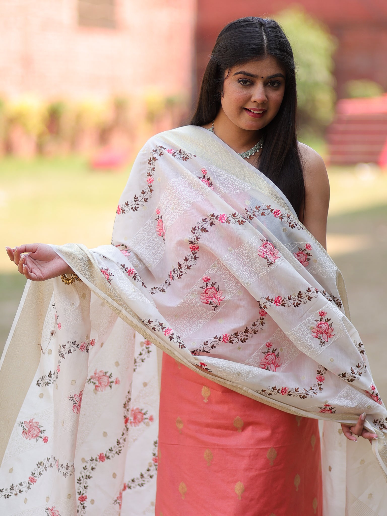 Banarasi Cotton Silk Salwar Kameez with Contrast Dupatta- Pink