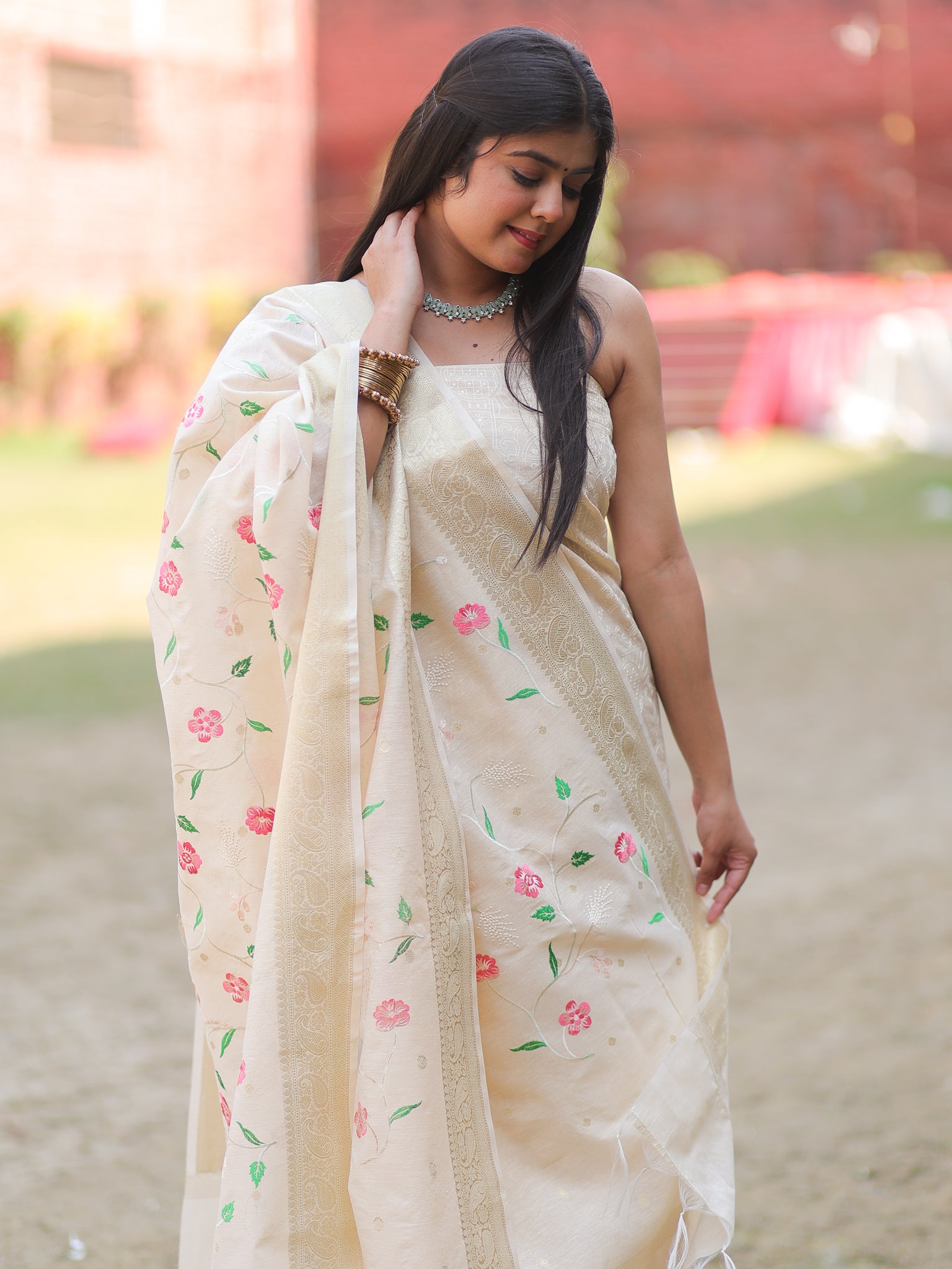 Banarasi Embroidered Salwar Kameez with Duppata- White