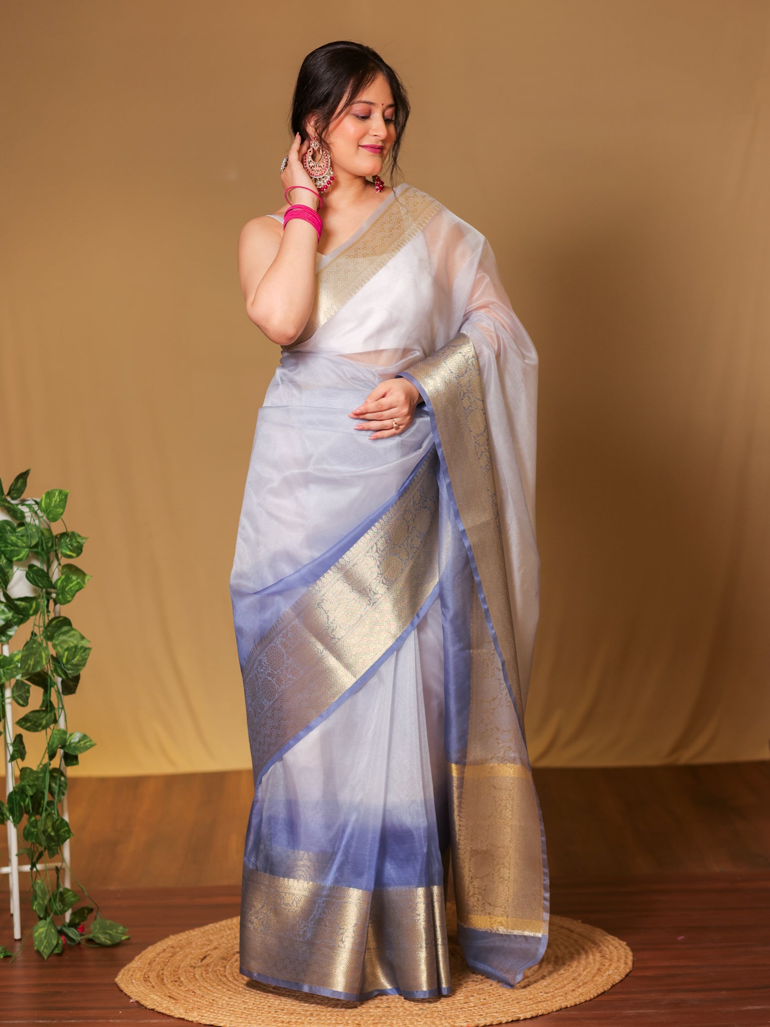Banarasi Dual shade Organza Saree With Zari Weaving Border- Grey