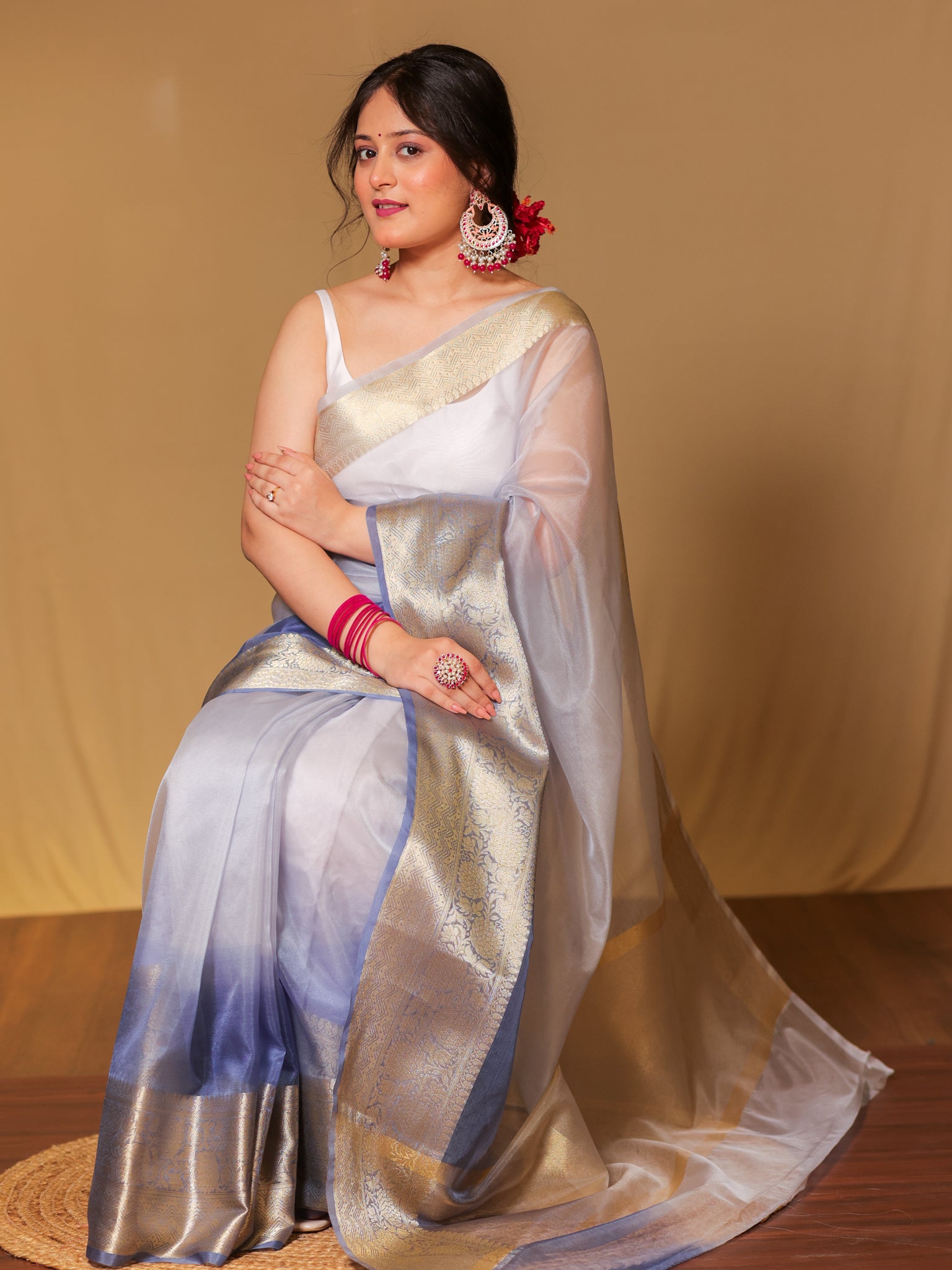 Banarasi Dual shade Organza Saree With Zari Weaving Border- Grey