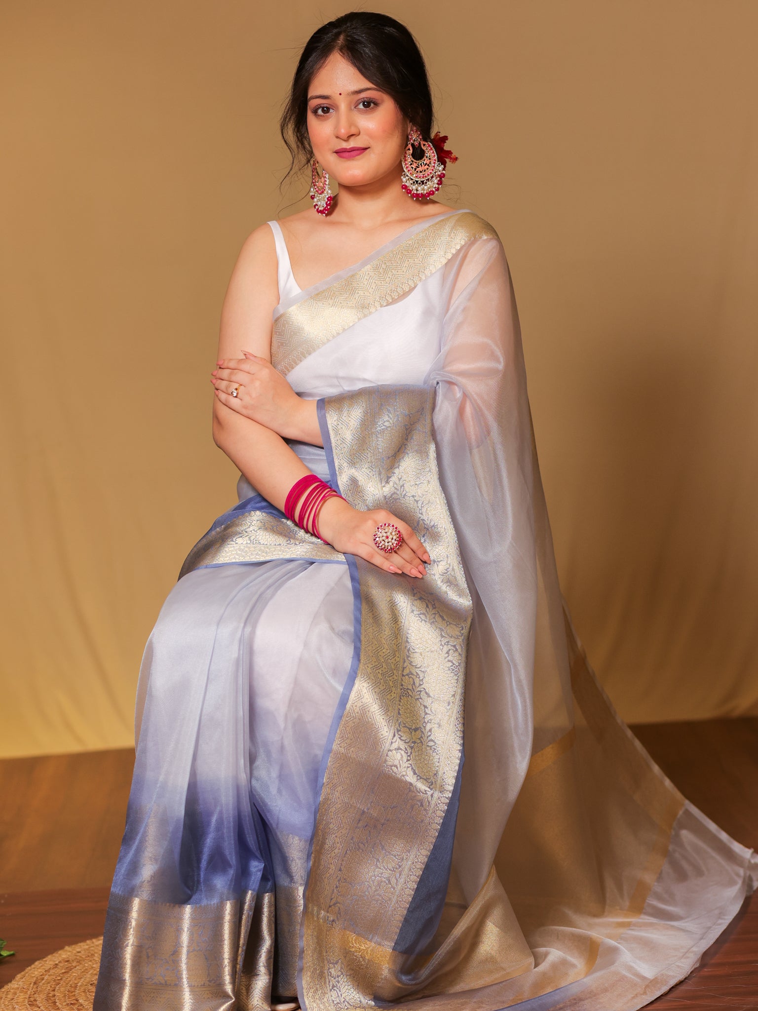 Banarasi Dual shade Organza Saree With Zari Weaving Border- Grey