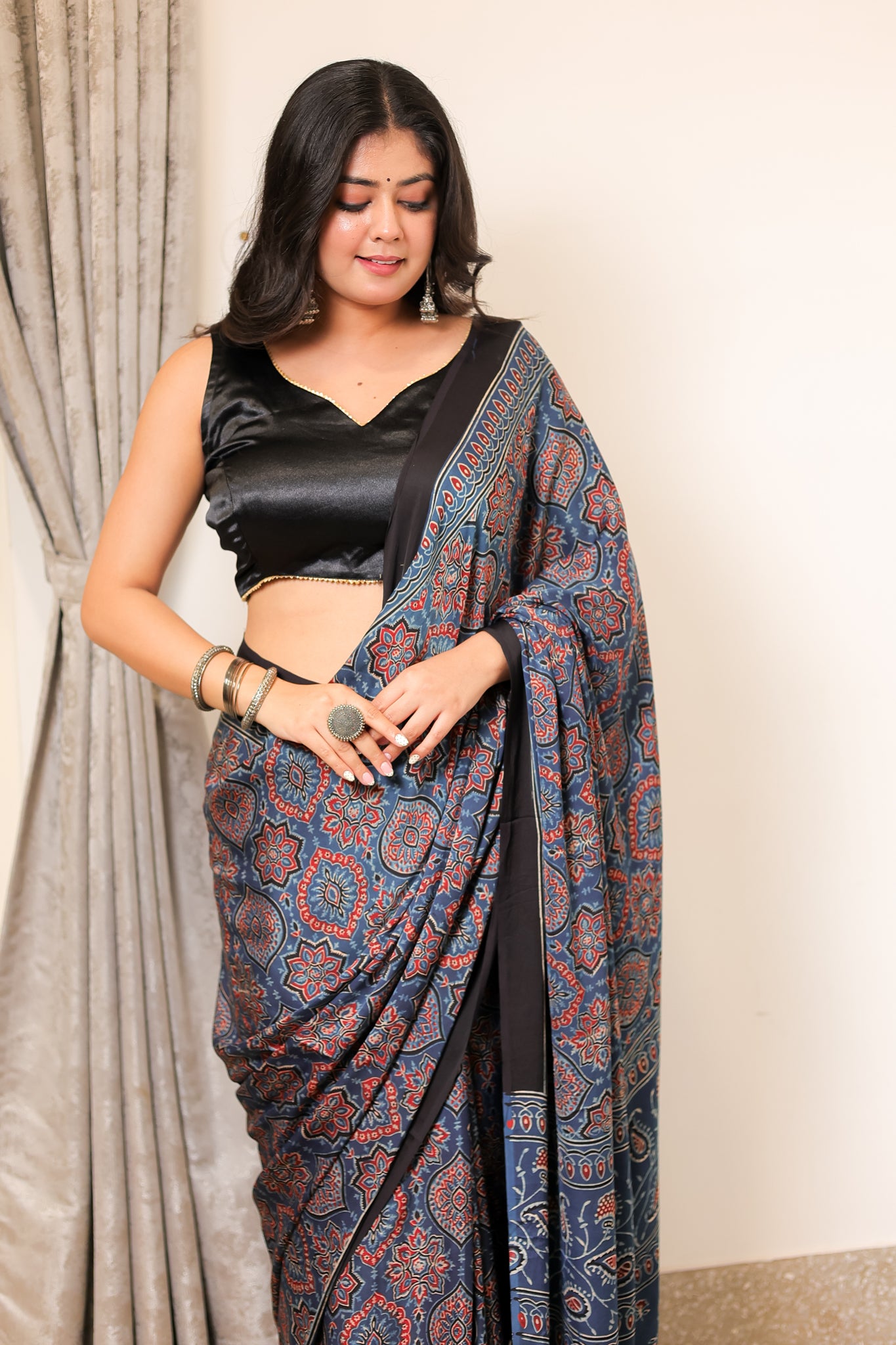 Blue Floral Ajrakh Modal Silk Saree