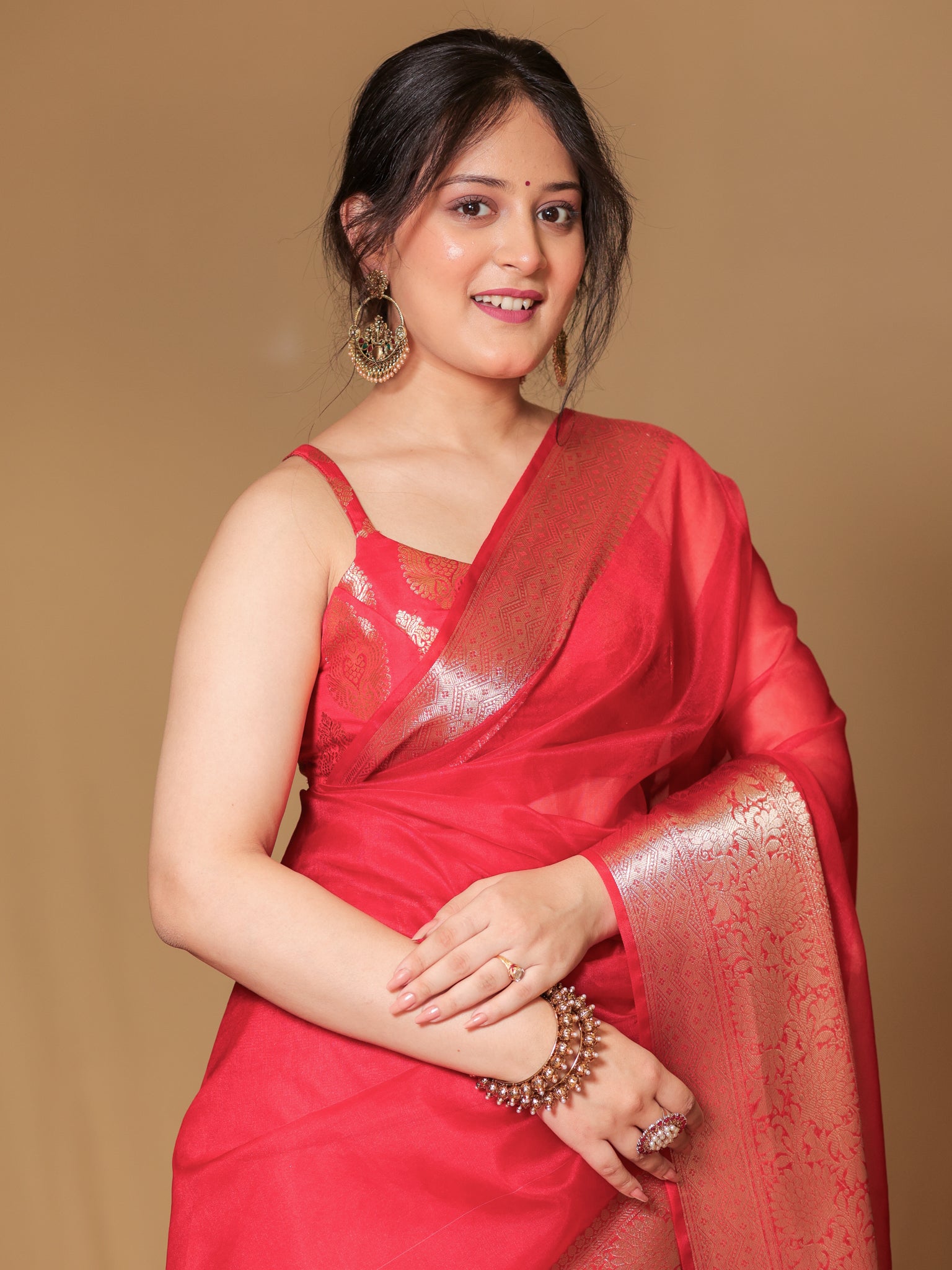 Banarasi Organza Saree With Zari Weaving Border- Red
