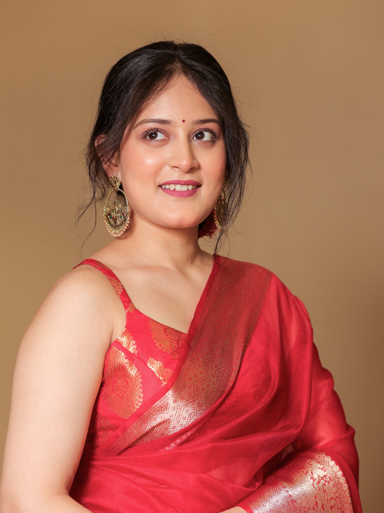 Banarasi Organza Saree With Zari Weaving Border- Red
