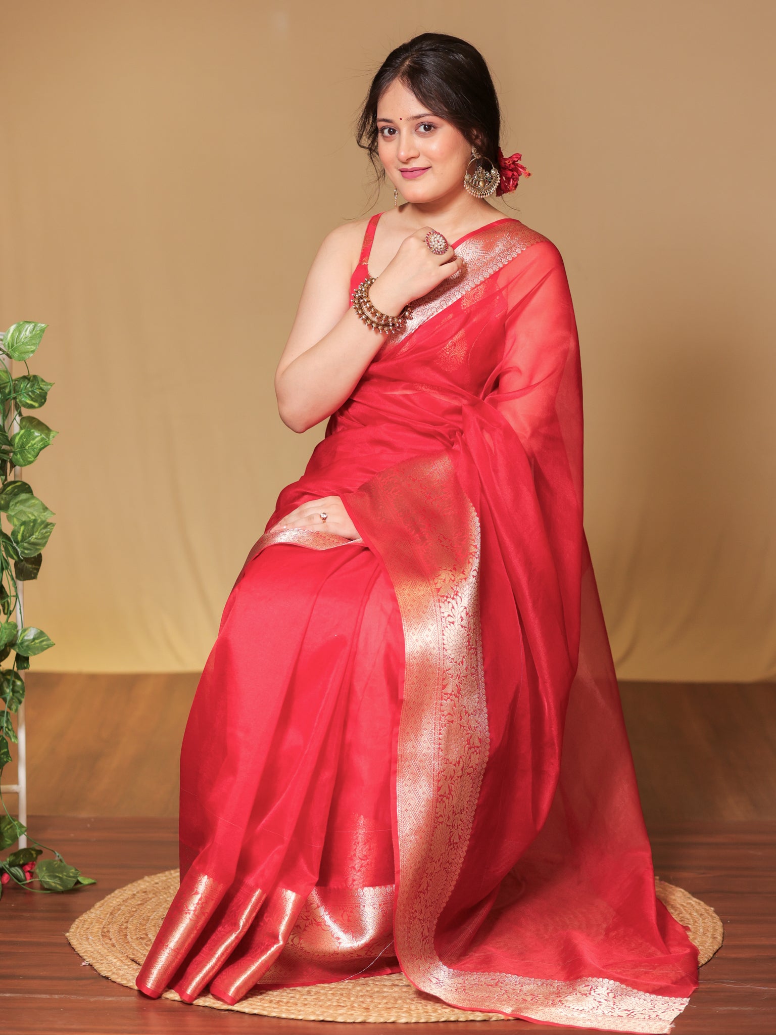 Banarasi Organza Saree With Zari Weaving Border- Red