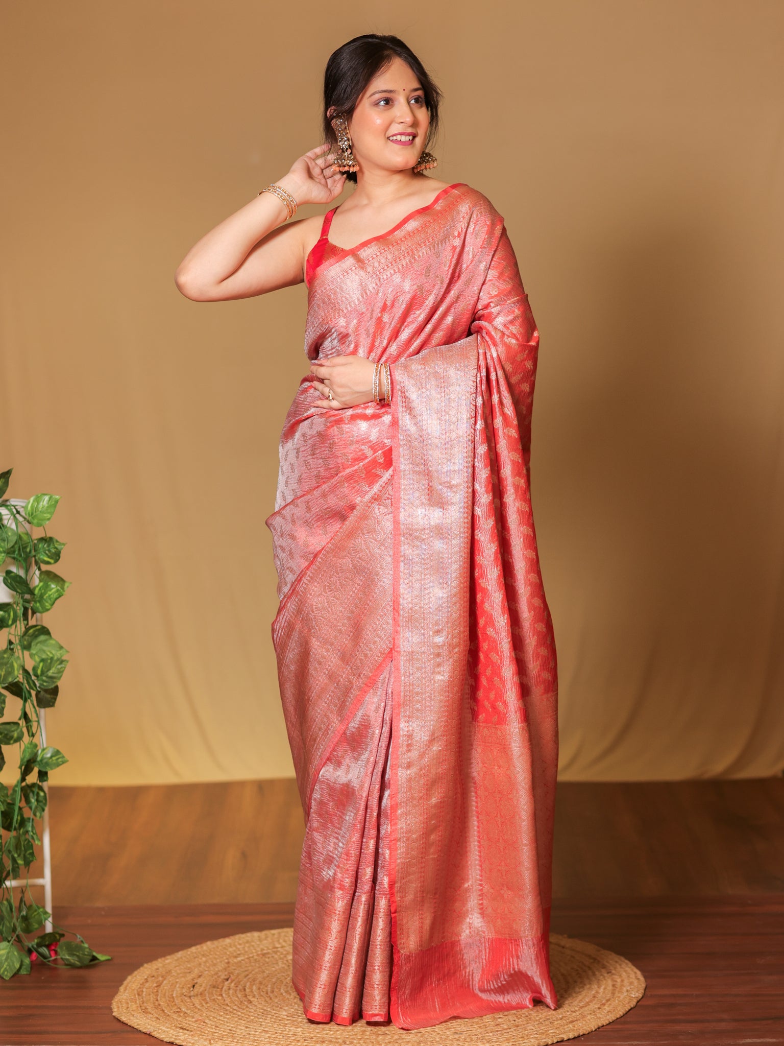 Banarasi Crushed Tissue Saree With Zari Buti Weaving & Border- Red
