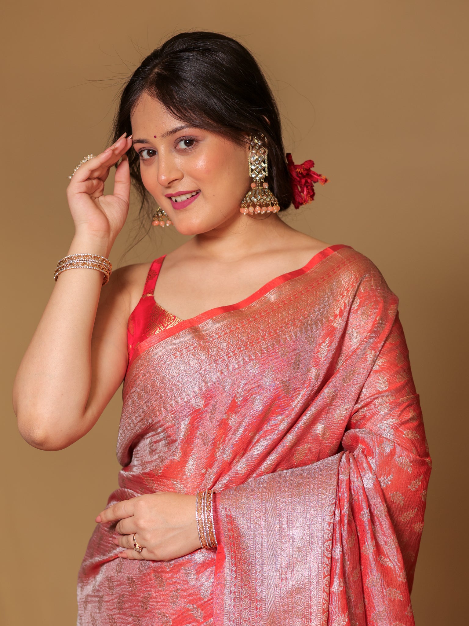 Banarasi Crushed Tissue Saree With Zari Buti Weaving & Border- Red
