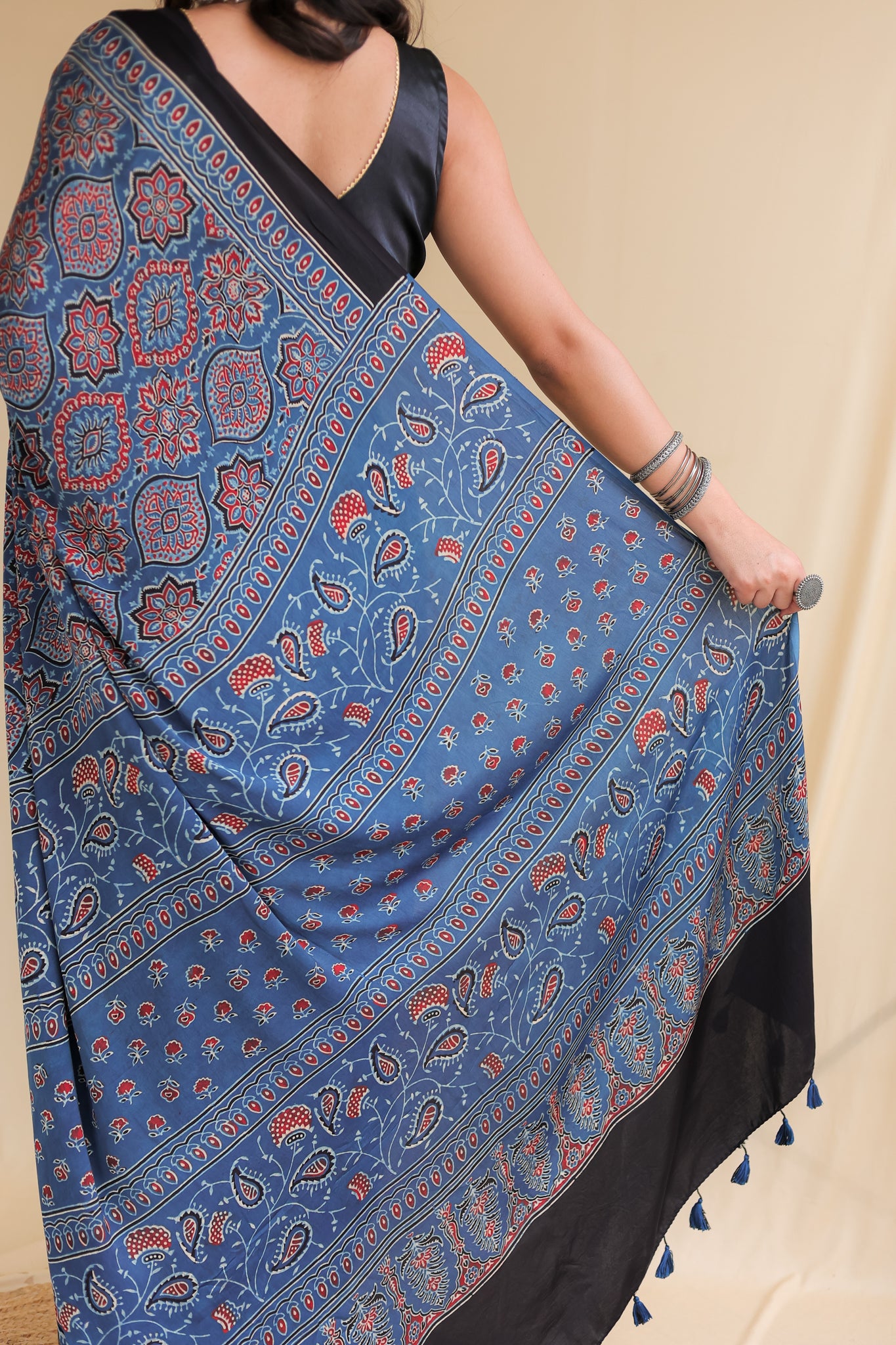 Blue Floral Ajrakh Modal Silk Saree