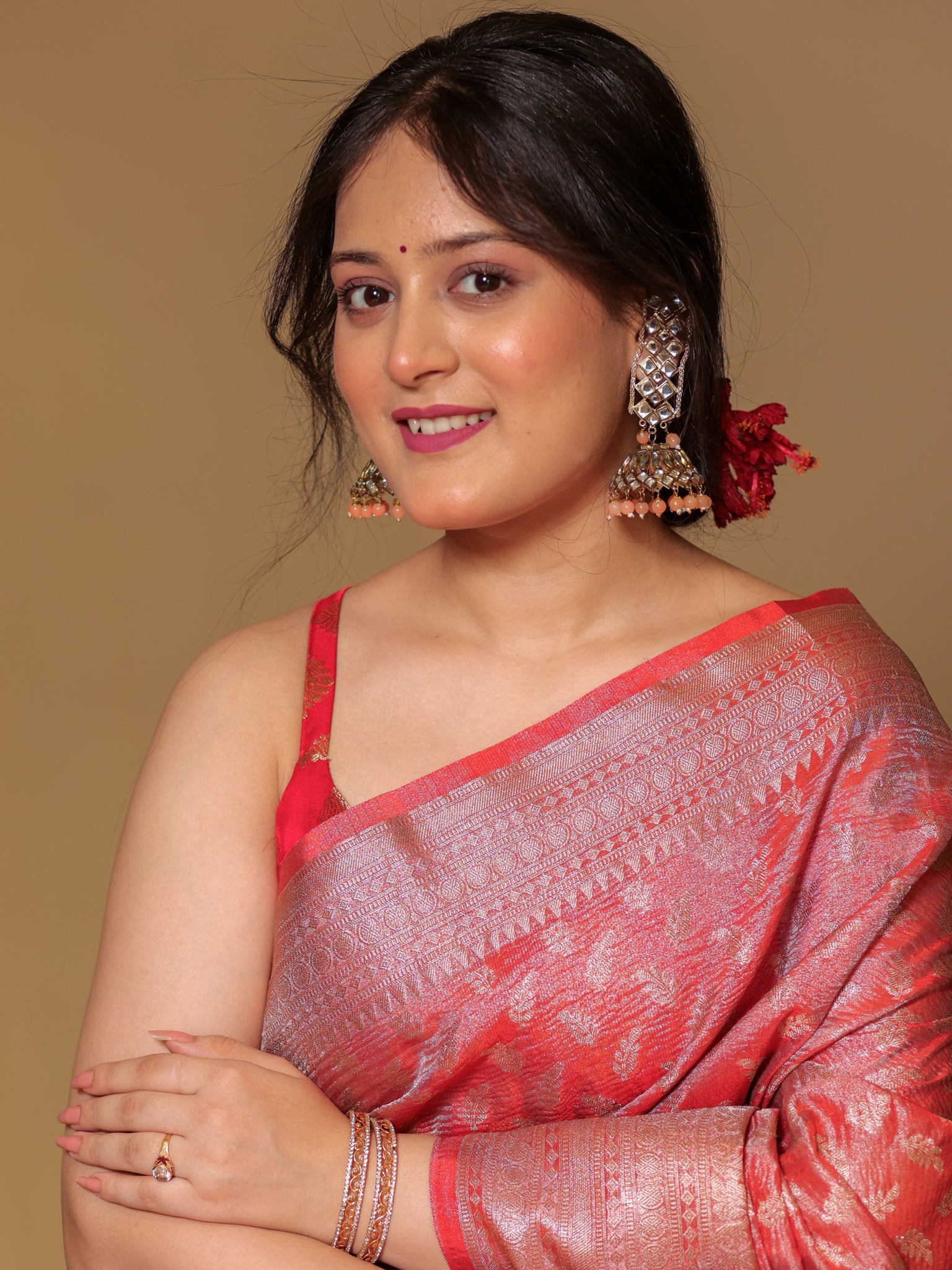 Banarasi Crushed Tissue Saree With Zari Buti Weaving & Border- Red