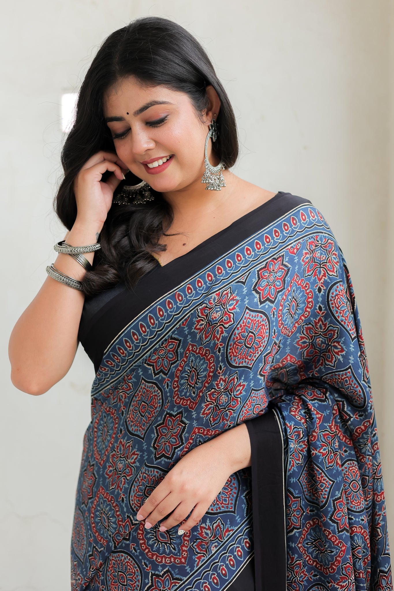 Blue Floral Ajrakh Modal Silk Saree
