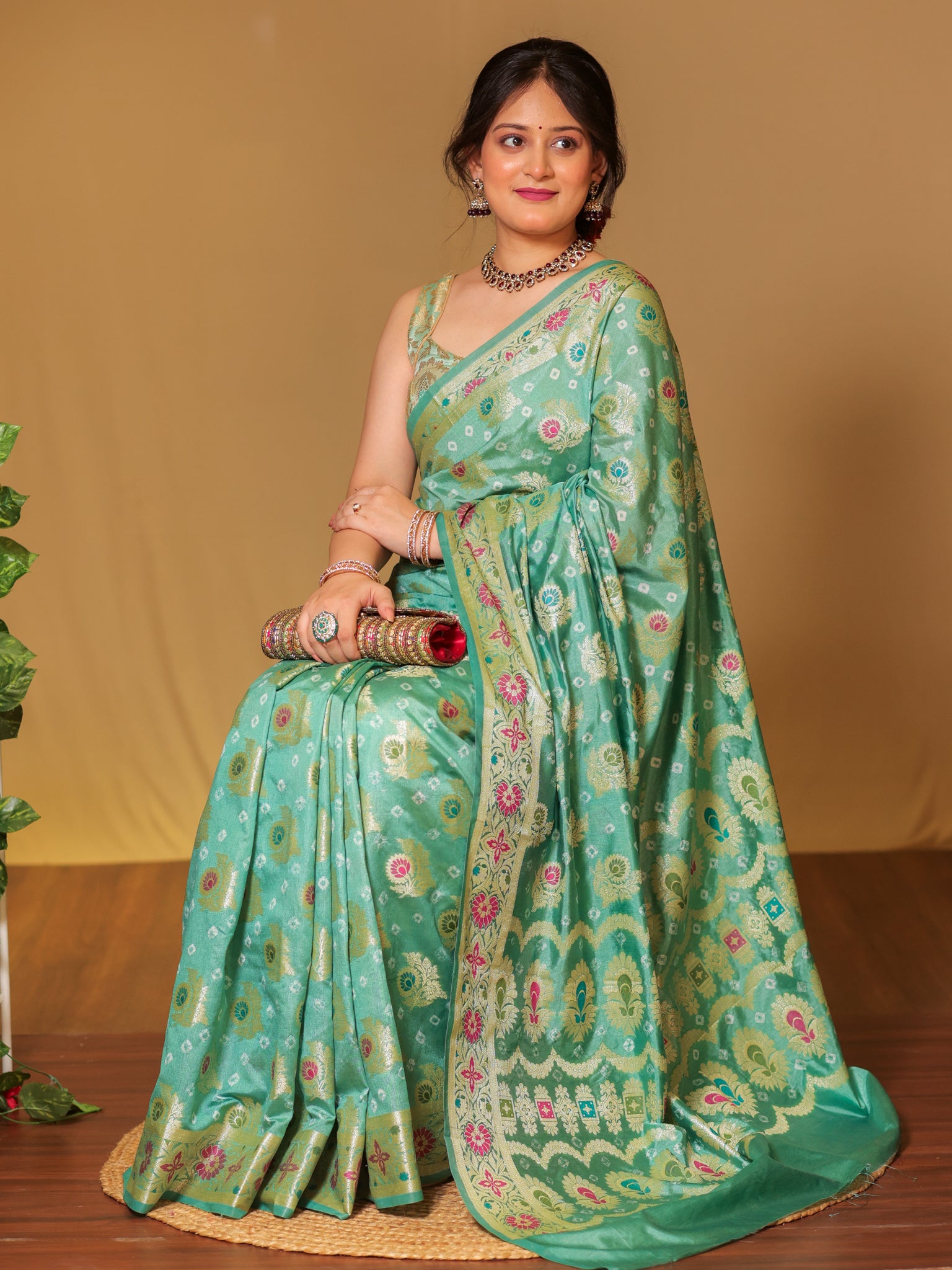 Banarasi Cotton Silk Bandhani Saree With Meena Weaving-Blue