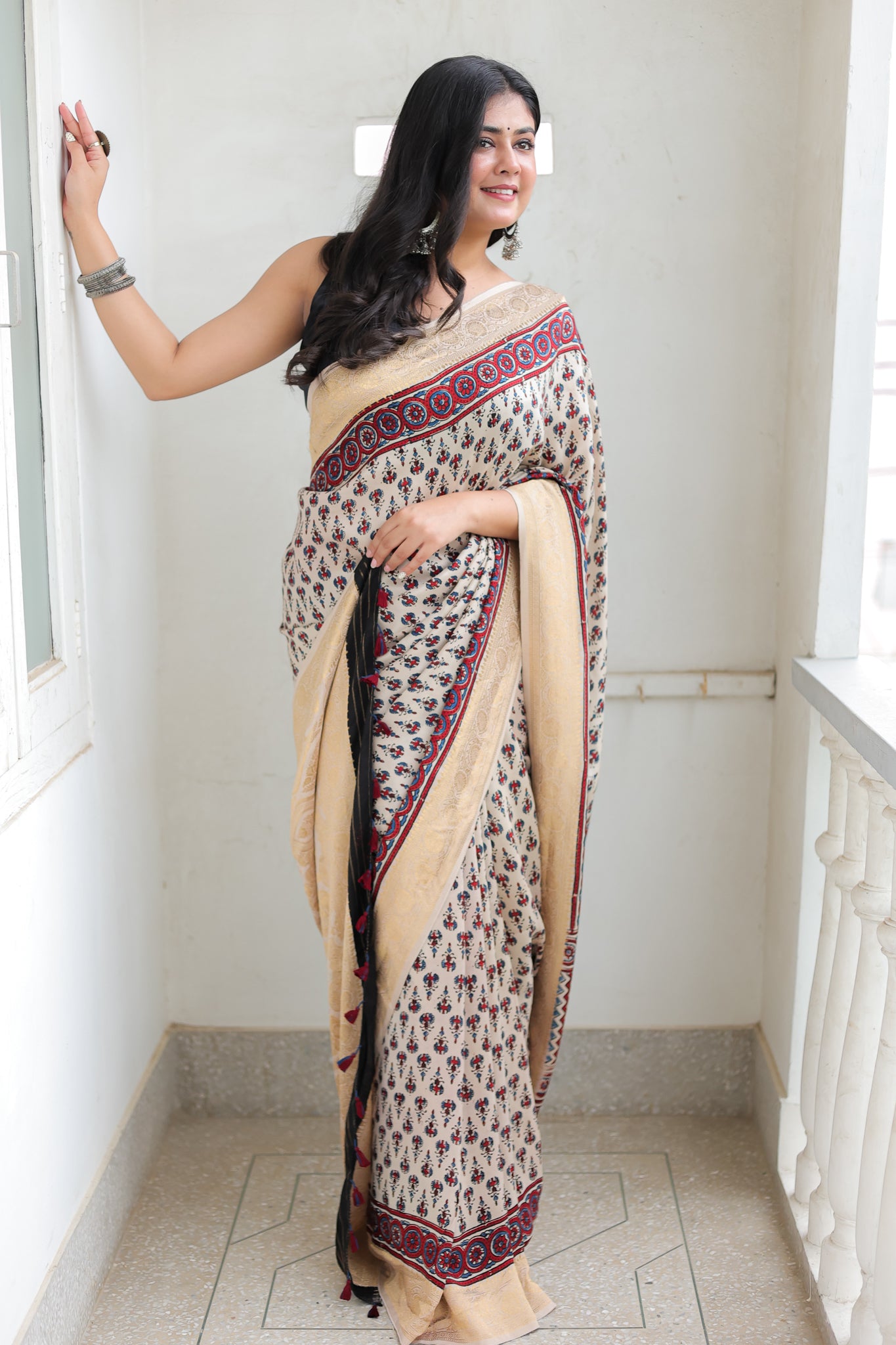 White Floral Ajrakh Dola Silk Saree With Zari Weaving