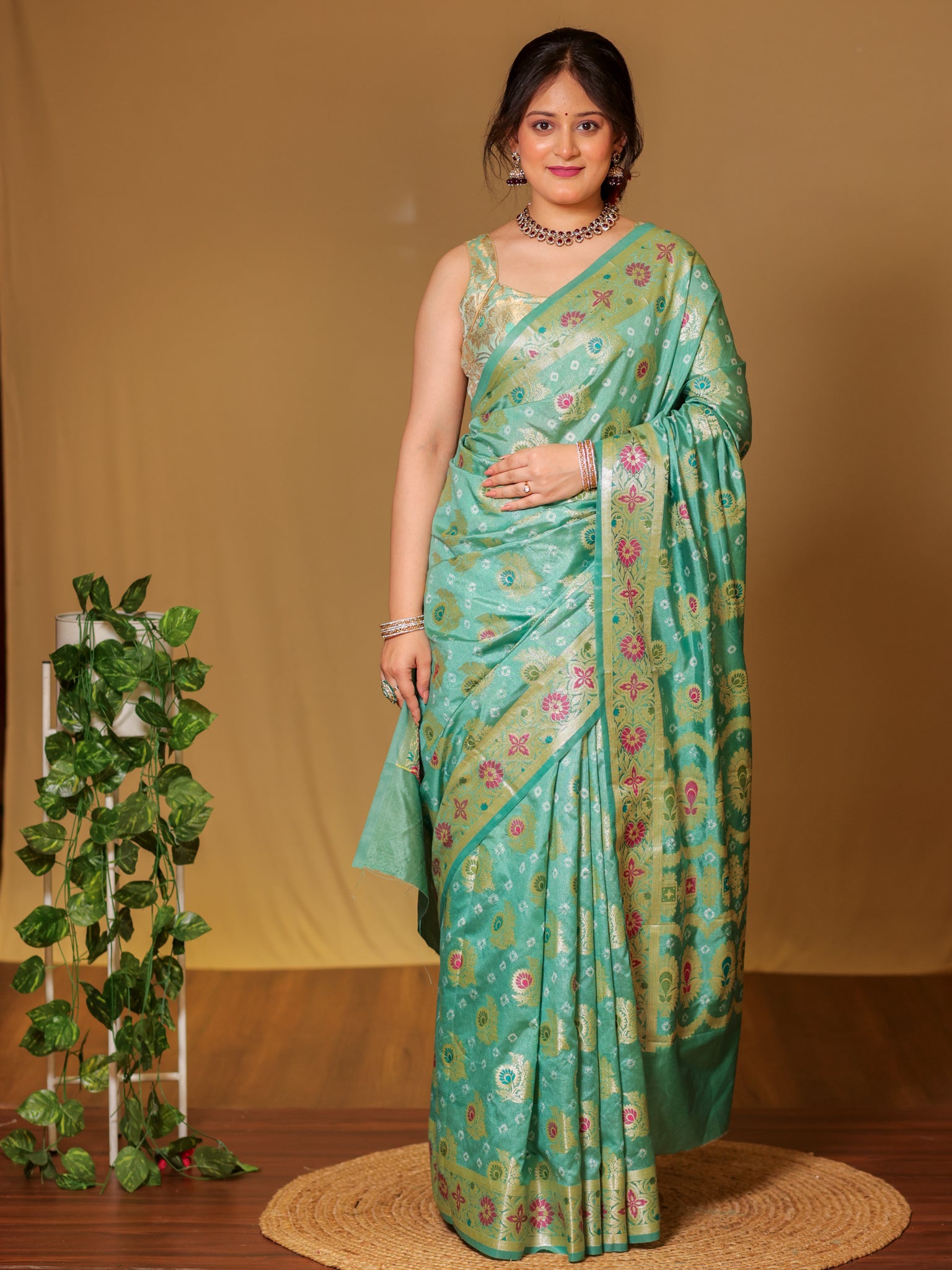 Banarasi Cotton Silk Bandhani Saree With Meena Weaving-Blue