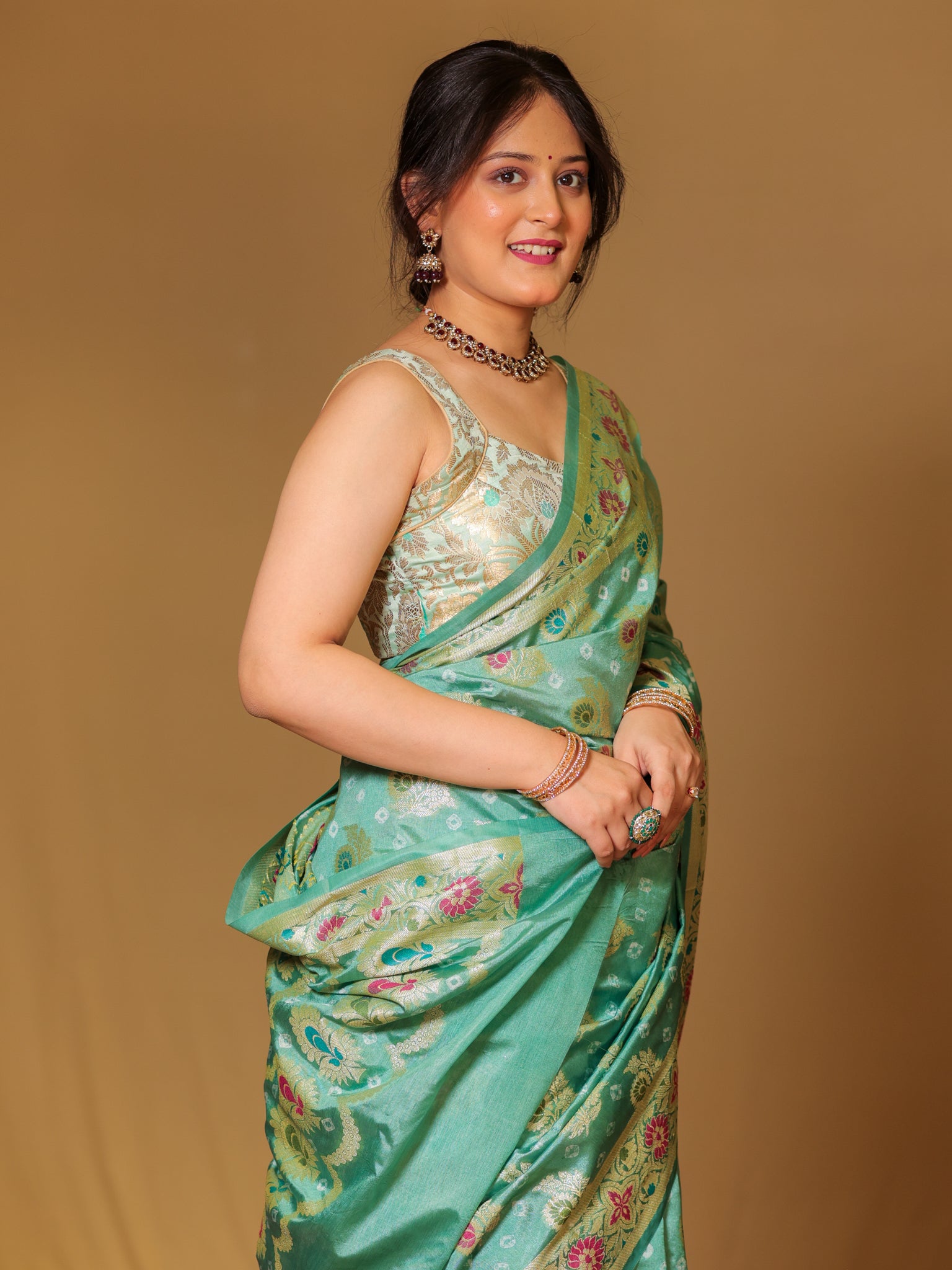 Banarasi Cotton Silk Bandhani Saree With Meena Weaving-Blue