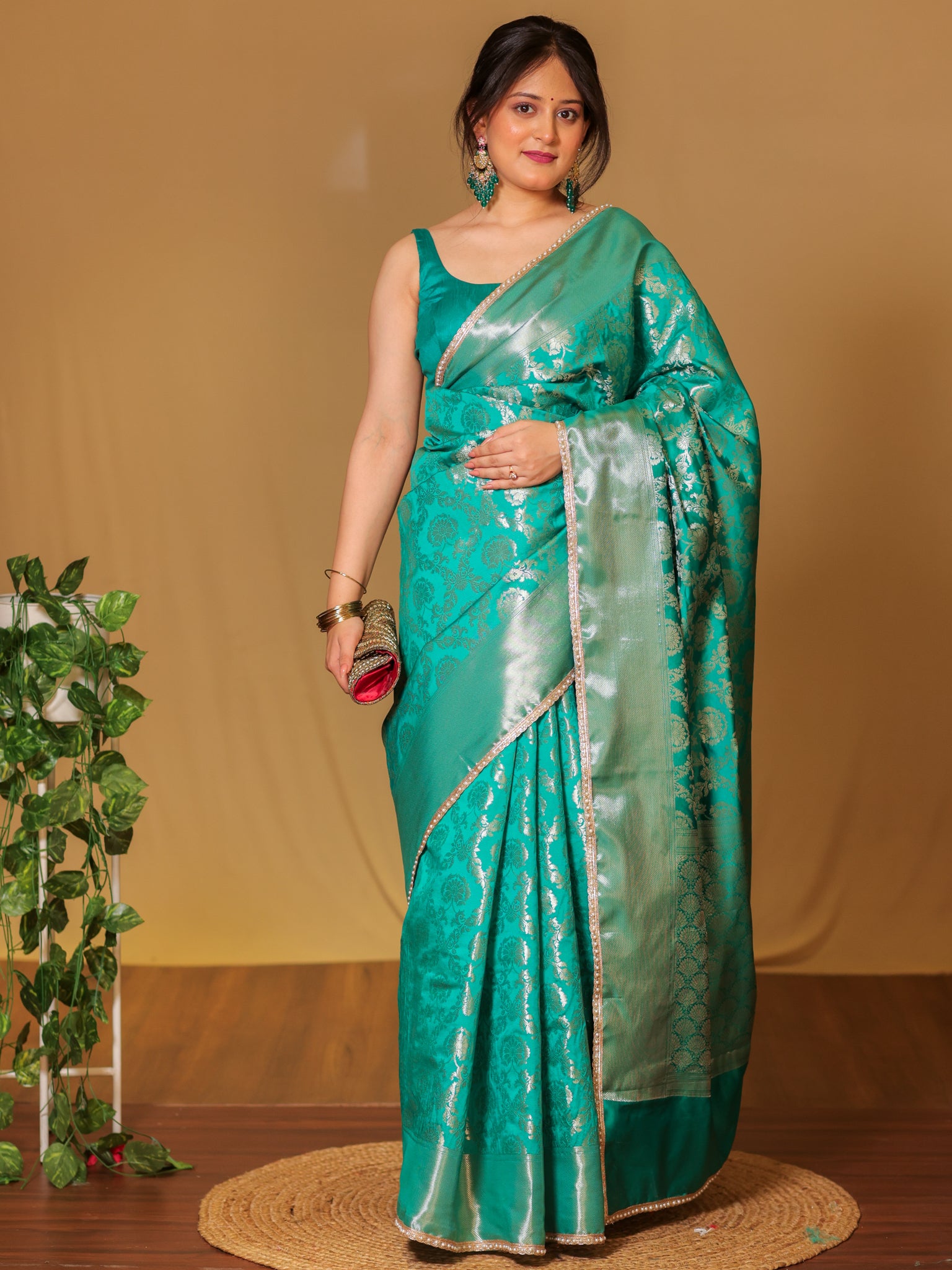 Banarasi Soft Tissue Saree With Floral Zari Weaving & Lace Border -Sea Green