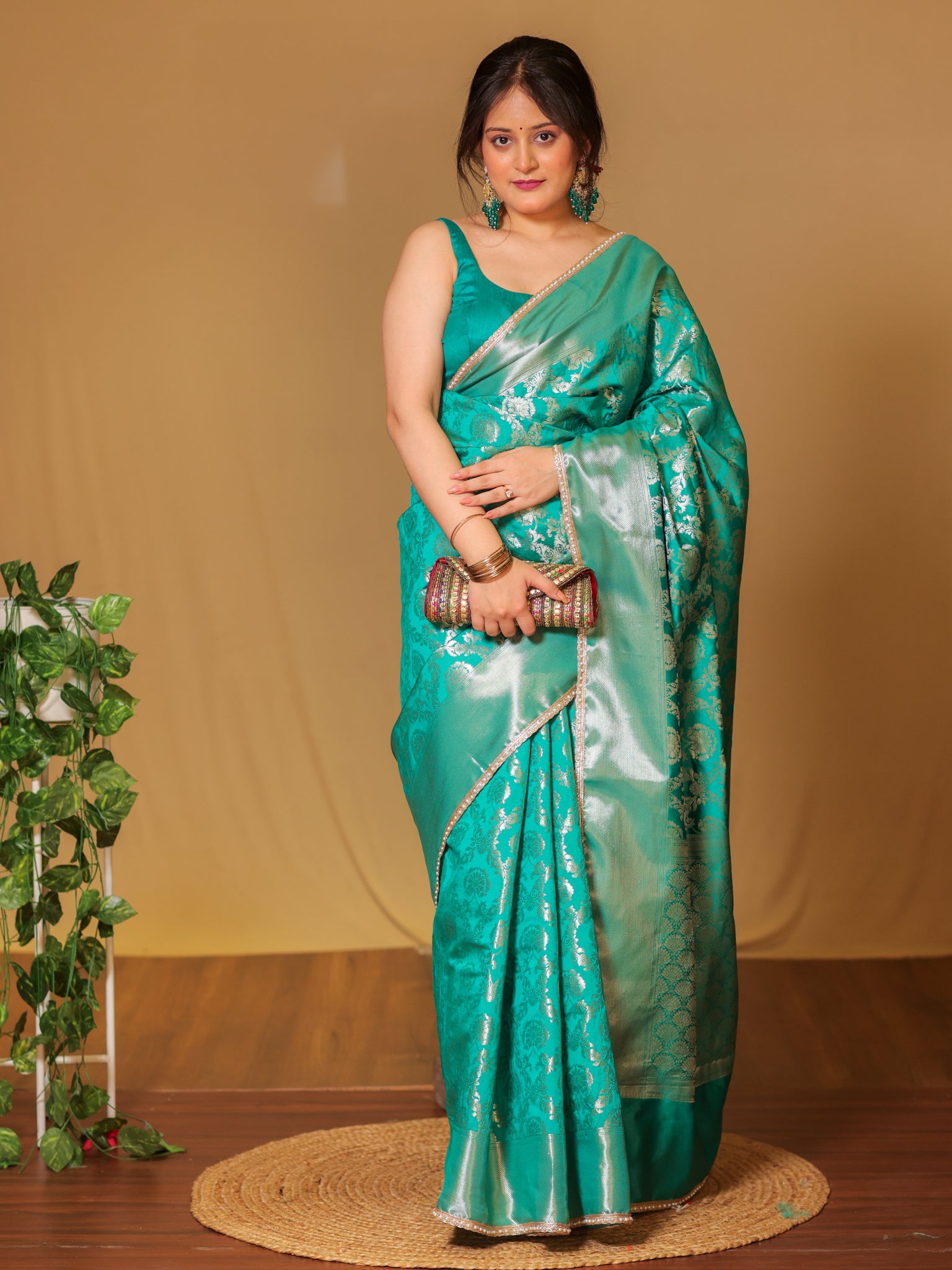 Banarasi Soft Tissue Saree With Floral Zari Weaving & Lace Border -Sea Green