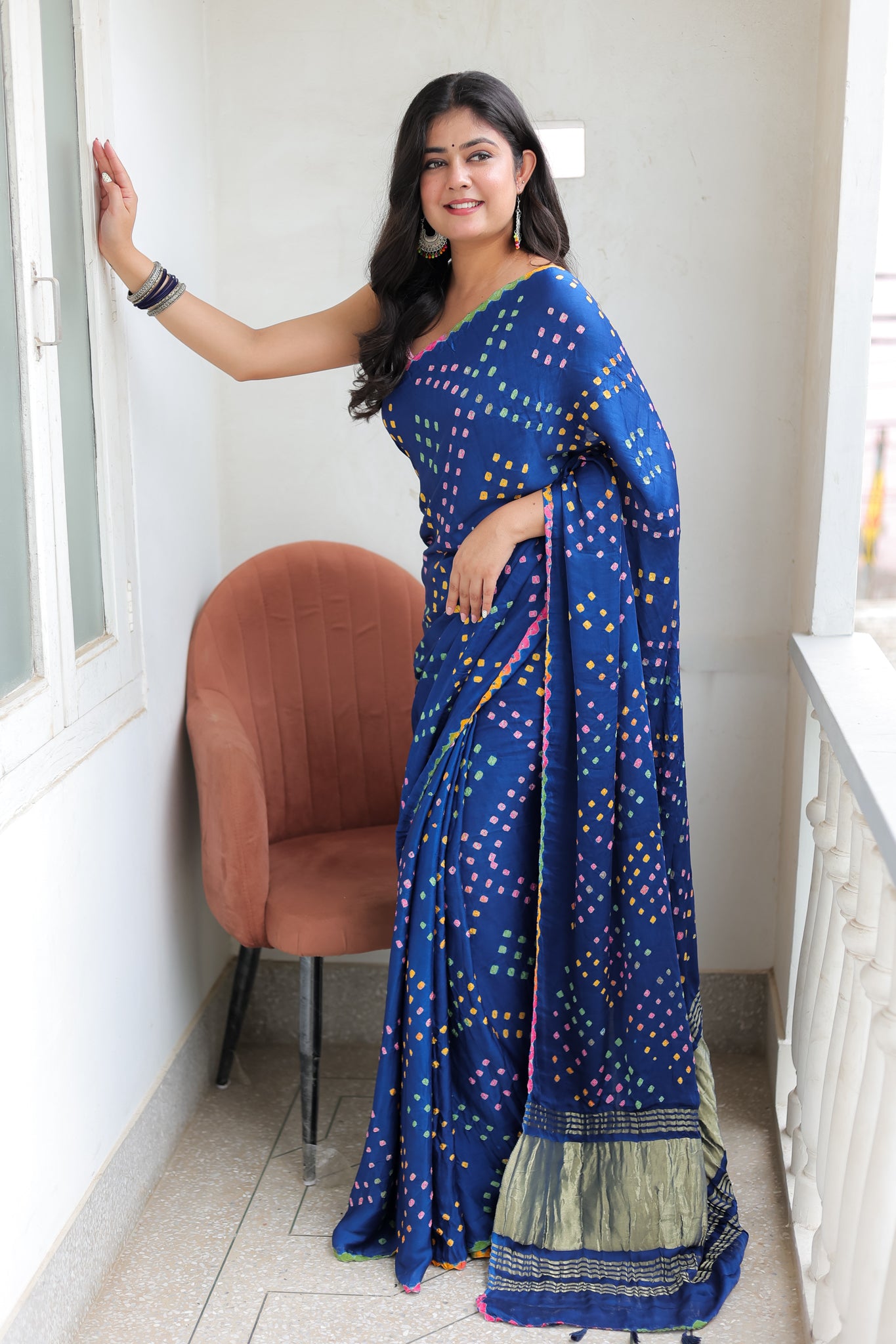 Blue Multicoloured Bandhej Modal Saree