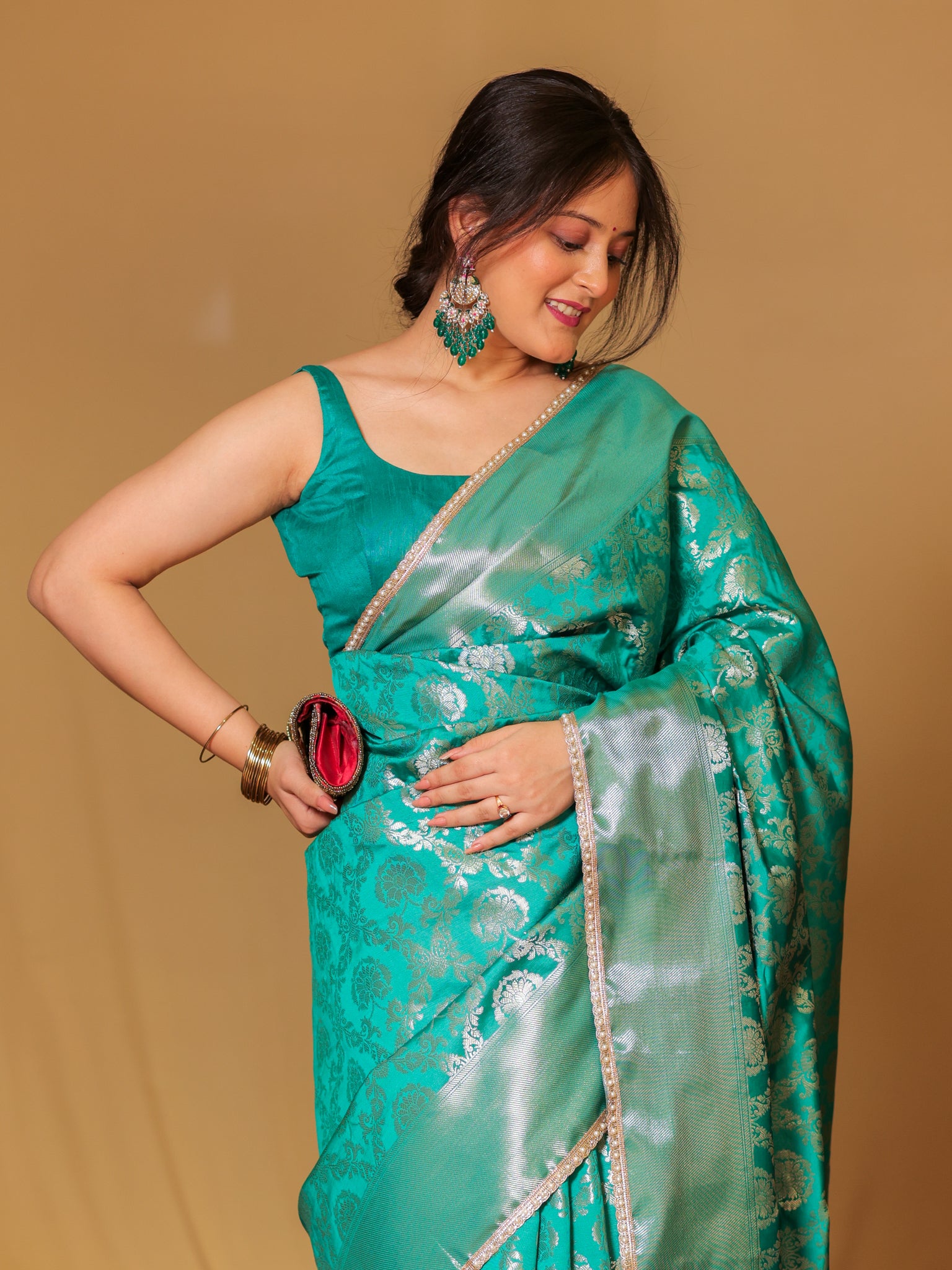 Banarasi Soft Tissue Saree With Floral Zari Weaving & Lace Border -Sea Green