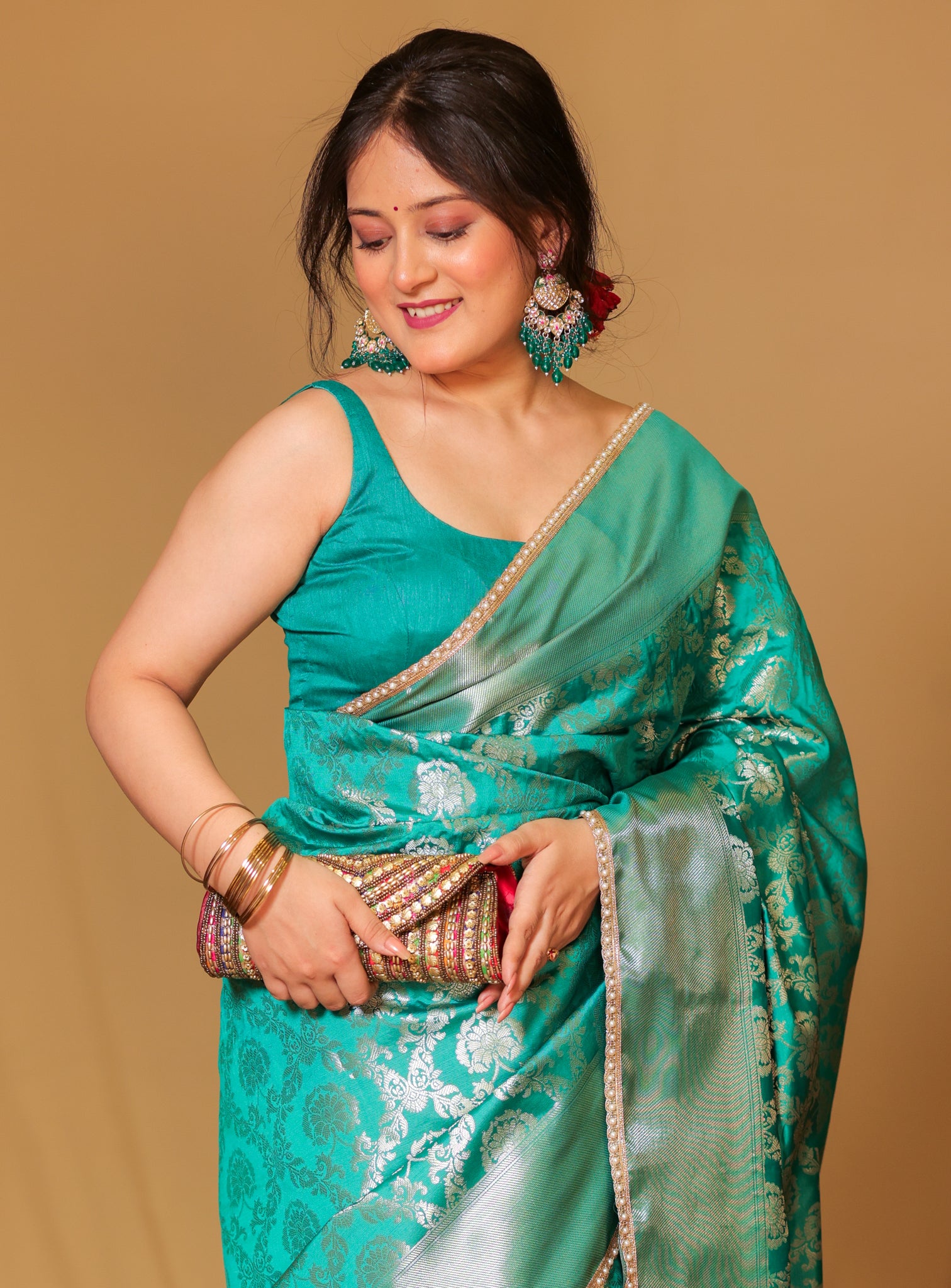Banarasi Soft Tissue Saree With Floral Zari Weaving & Lace Border -Sea Green