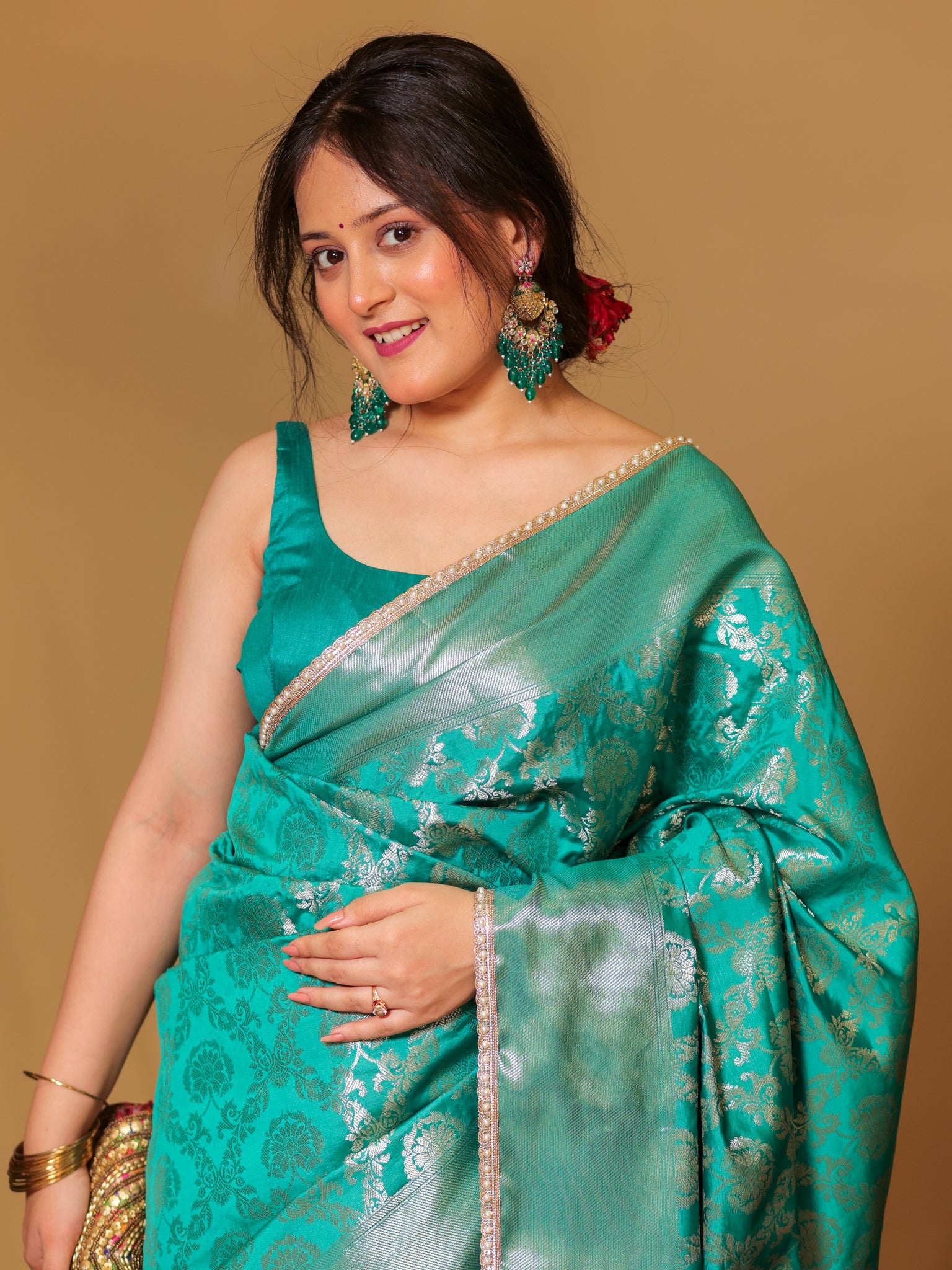 Banarasi Soft Tissue Saree With Floral Zari Weaving & Lace Border -Sea Green