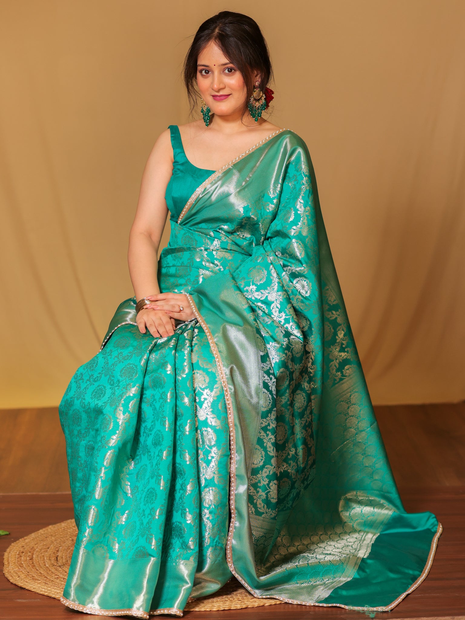 Banarasi Soft Tissue Saree With Floral Zari Weaving & Lace Border -Sea Green