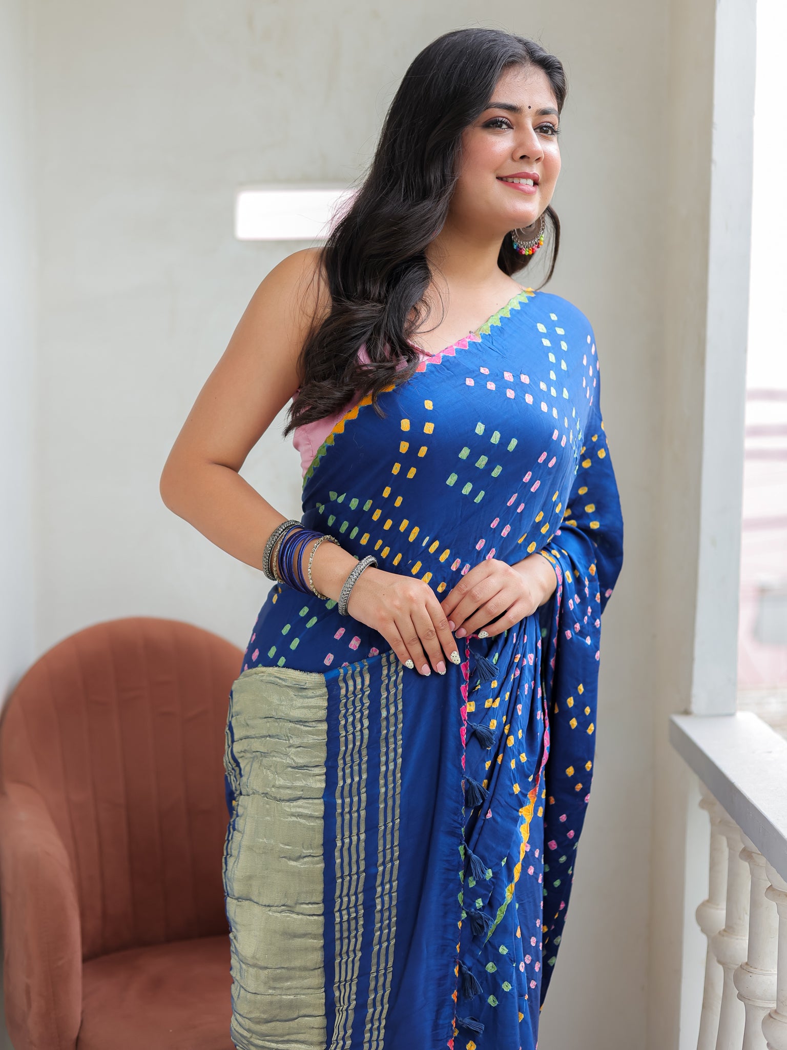 Blue Multicoloured Bandhej Modal Saree