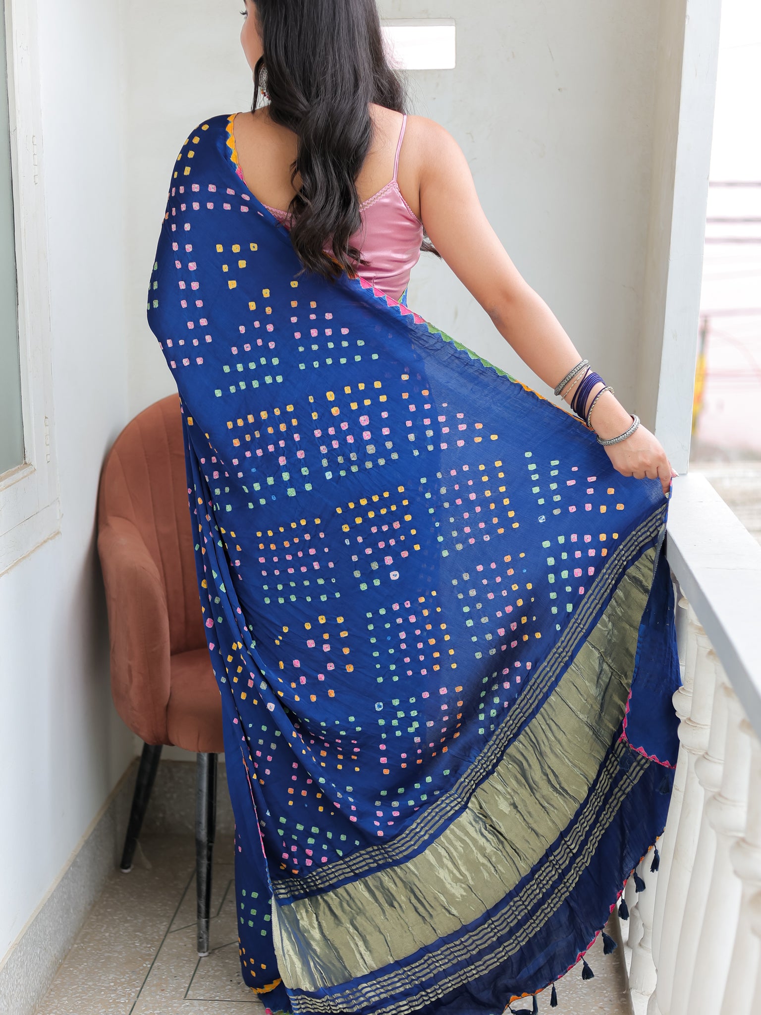Blue Multicoloured Bandhej Modal Saree