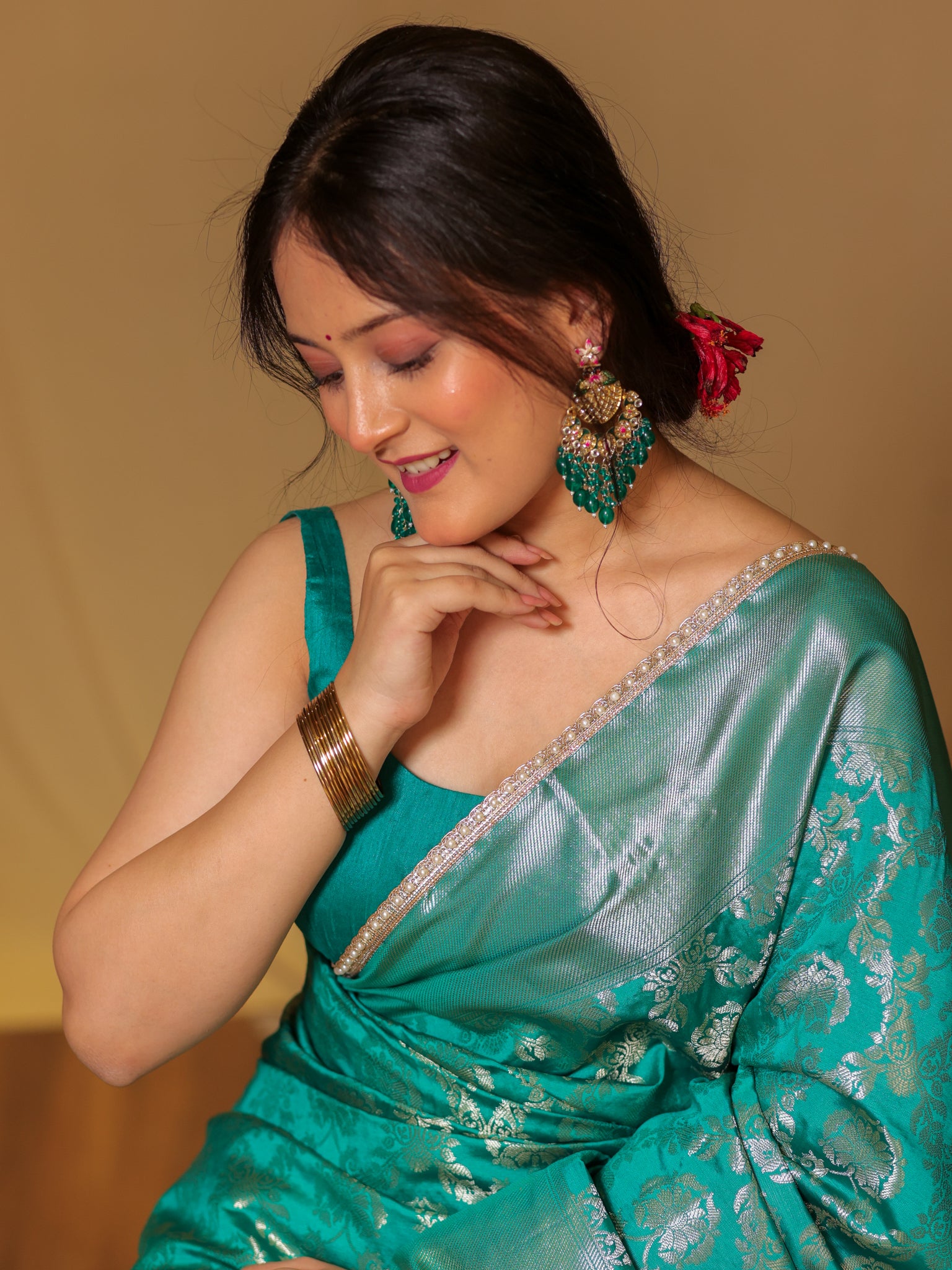 Banarasi Soft Tissue Saree With Floral Zari Weaving & Lace Border -Sea Green