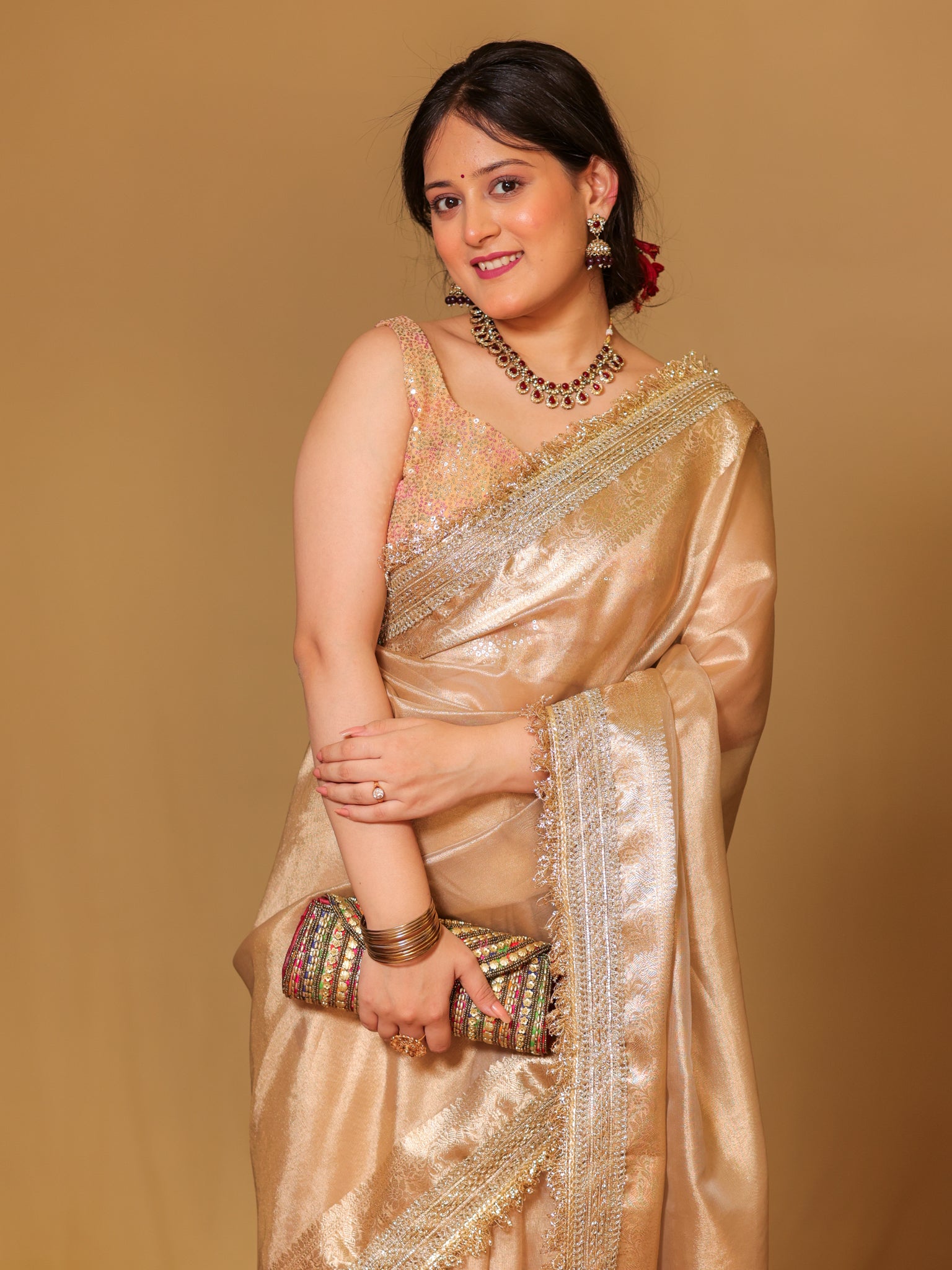 Banarasi Tissue Saree With Zari Weaving & Lace Border - Beige