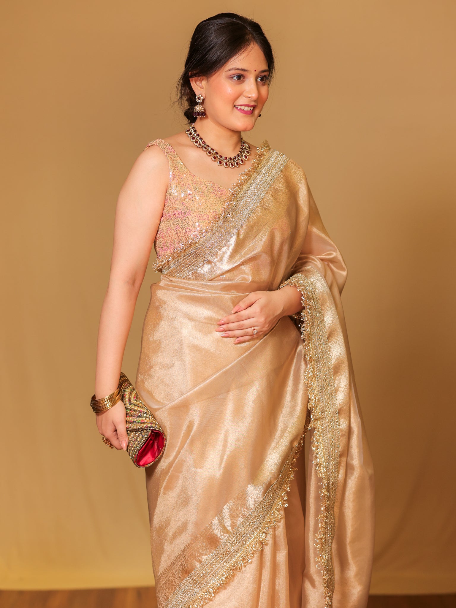 Banarasi Tissue Saree With Zari Weaving & Lace Border - Beige