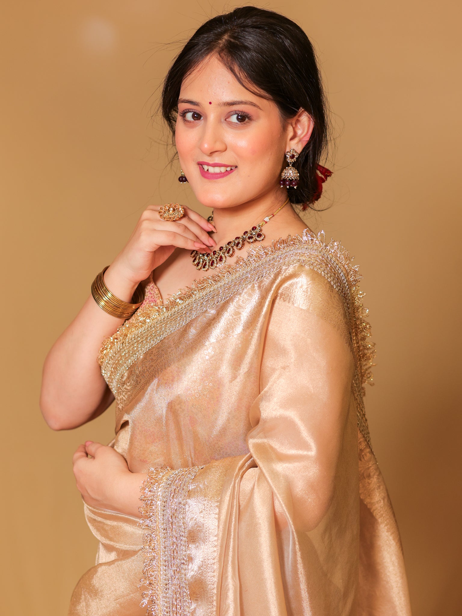 Banarasi Tissue Saree With Zari Weaving & Lace Border - Beige
