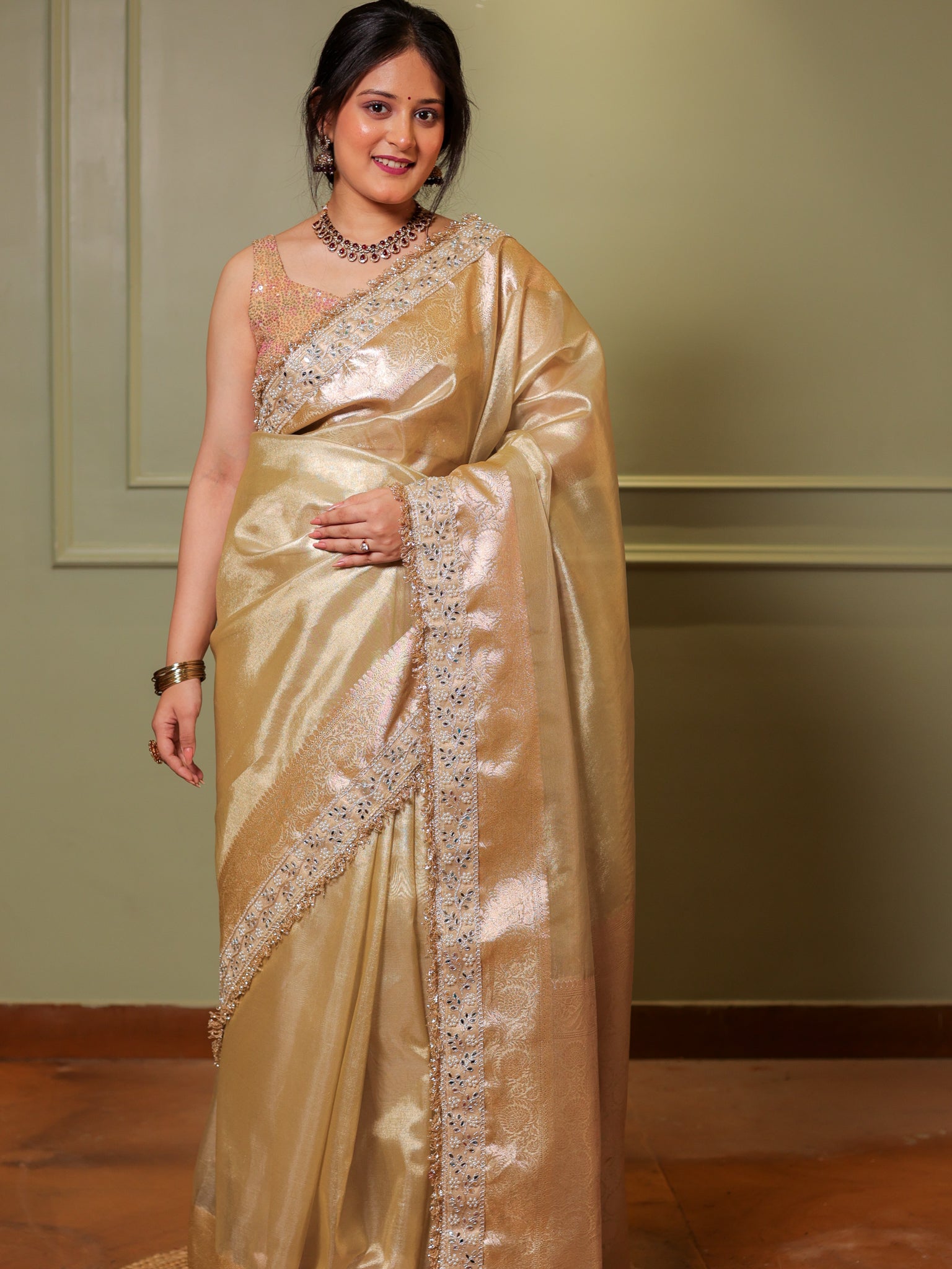 Banarasi Tissue Saree With Zari Weaving & Mirror Work Lace Border - Beige