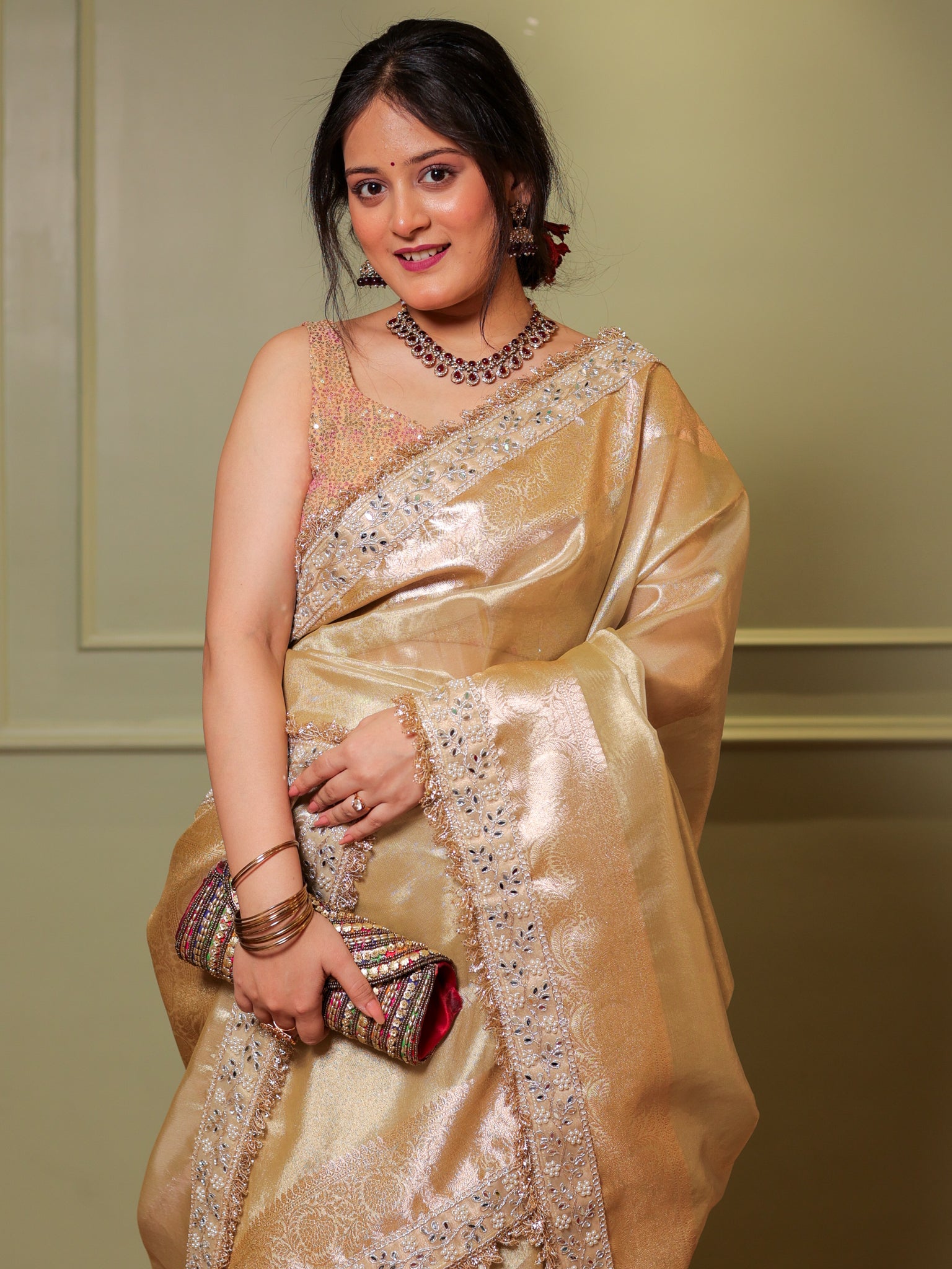 Banarasi Tissue Saree With Zari Weaving & Mirror Work Lace Border - Beige