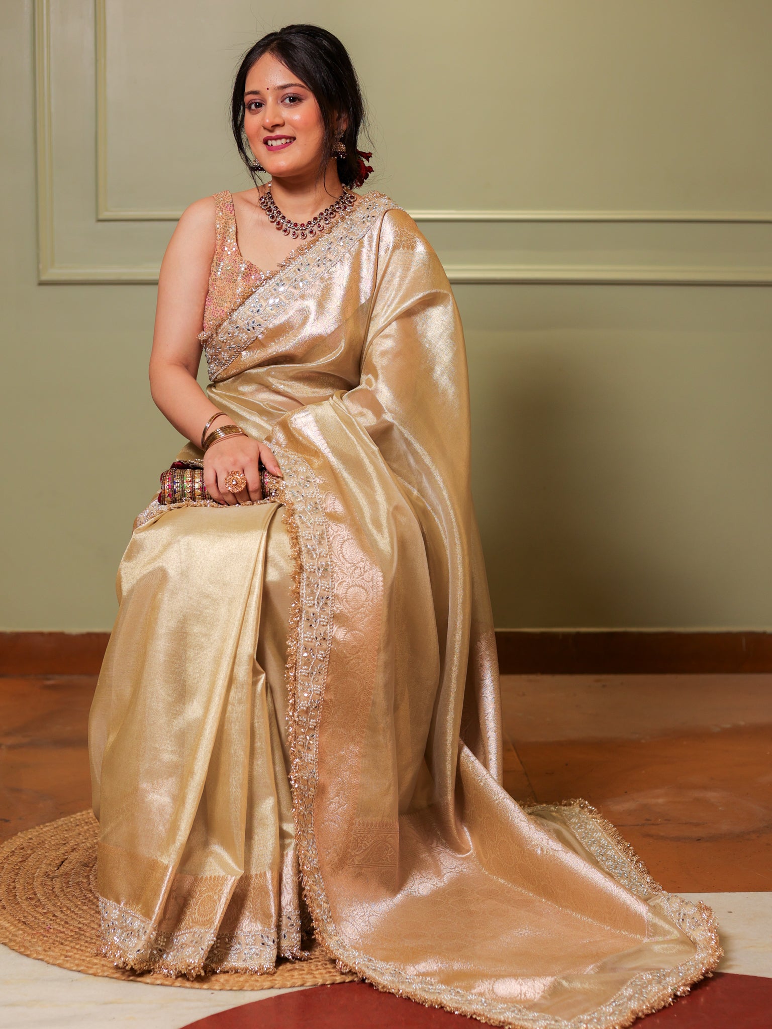 Banarasi Tissue Saree With Zari Weaving & Mirror Work Lace Border - Beige