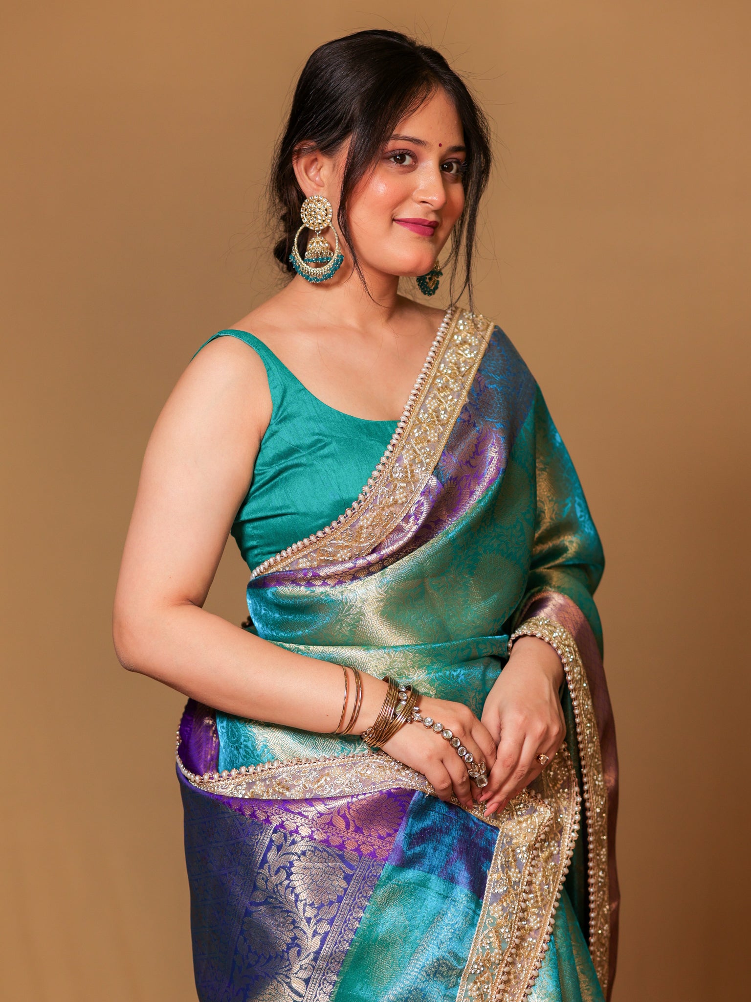 Banarasi Tissue Saree With Zari Weaving & Contrast Border with Lace -Blue