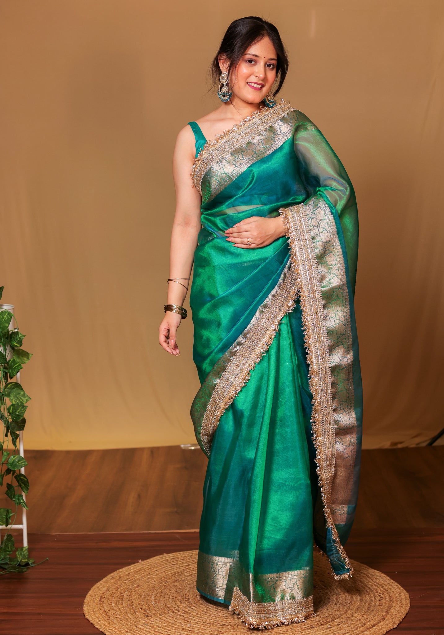 Banarasi Tissue Saree With Zari Weaving & Lace Border - Green