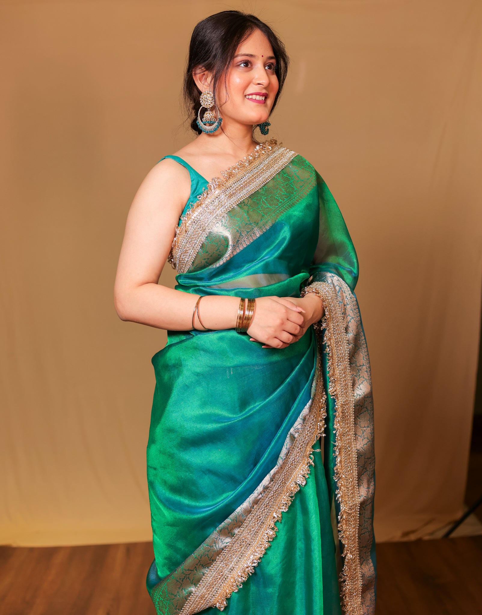Banarasi Tissue Saree With Zari Weaving & Lace Border - Green