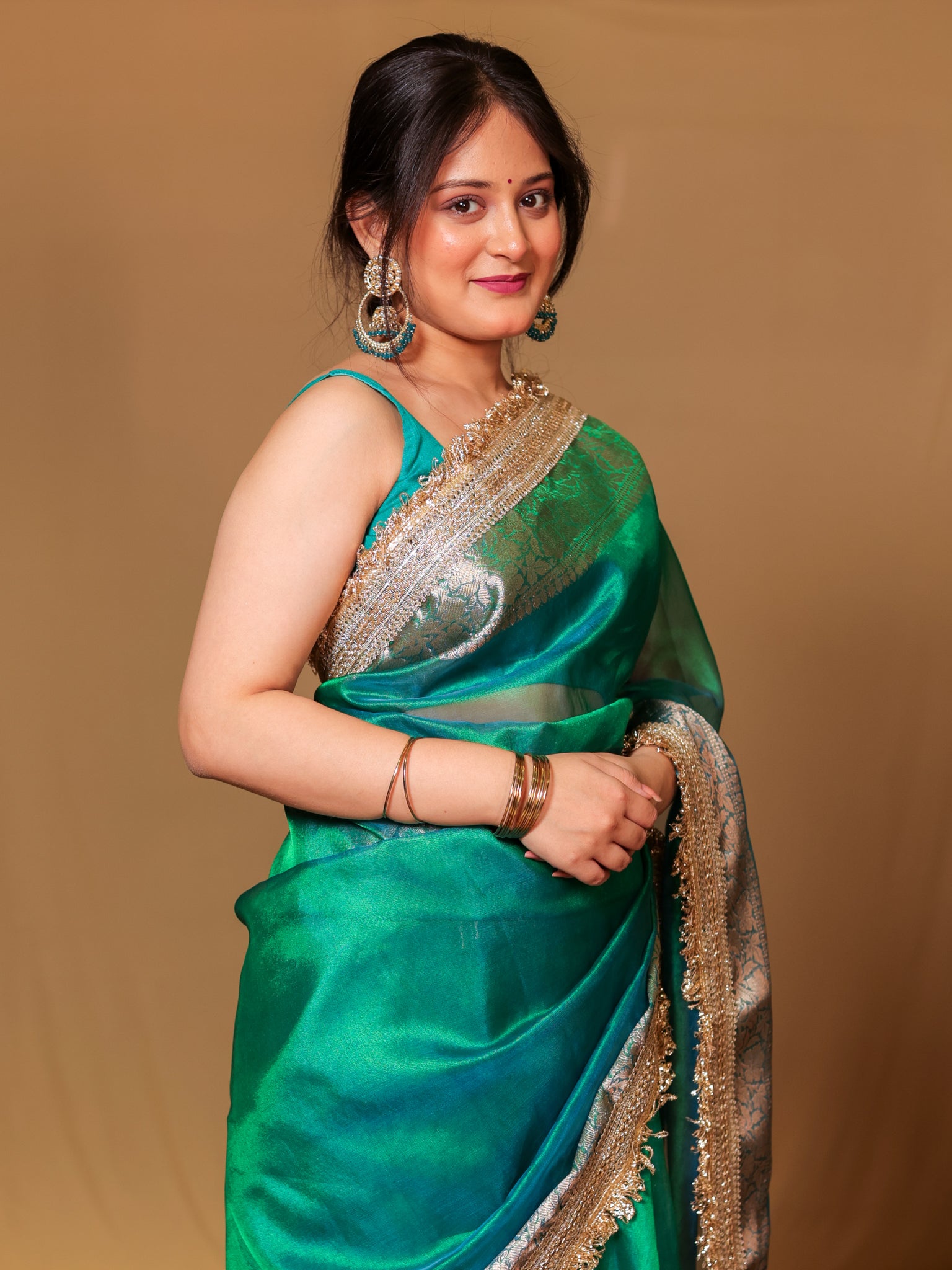 Banarasi Tissue Saree With Zari Weaving & Lace Border - Green