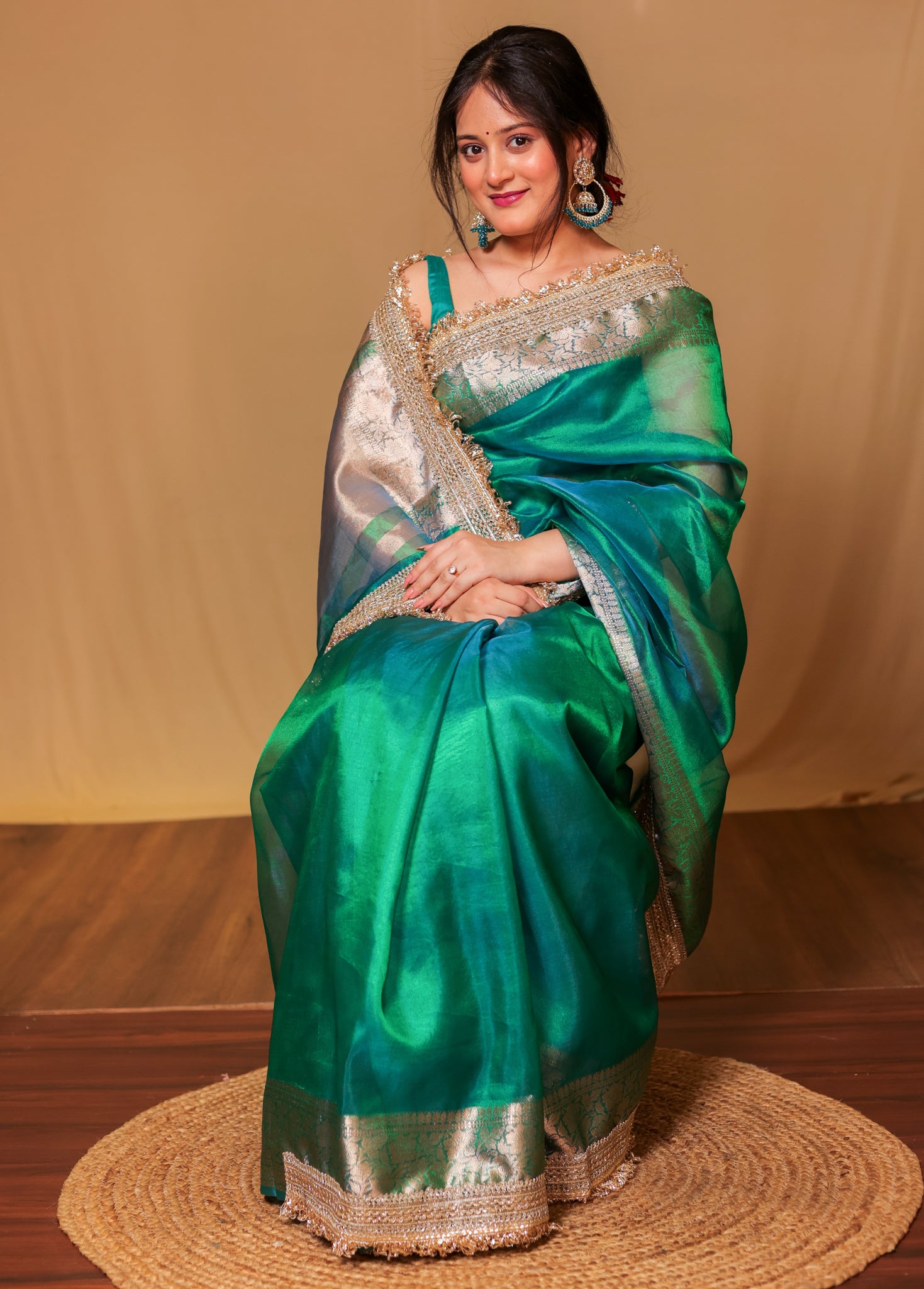 Banarasi Tissue Saree With Zari Weaving & Lace Border - Green