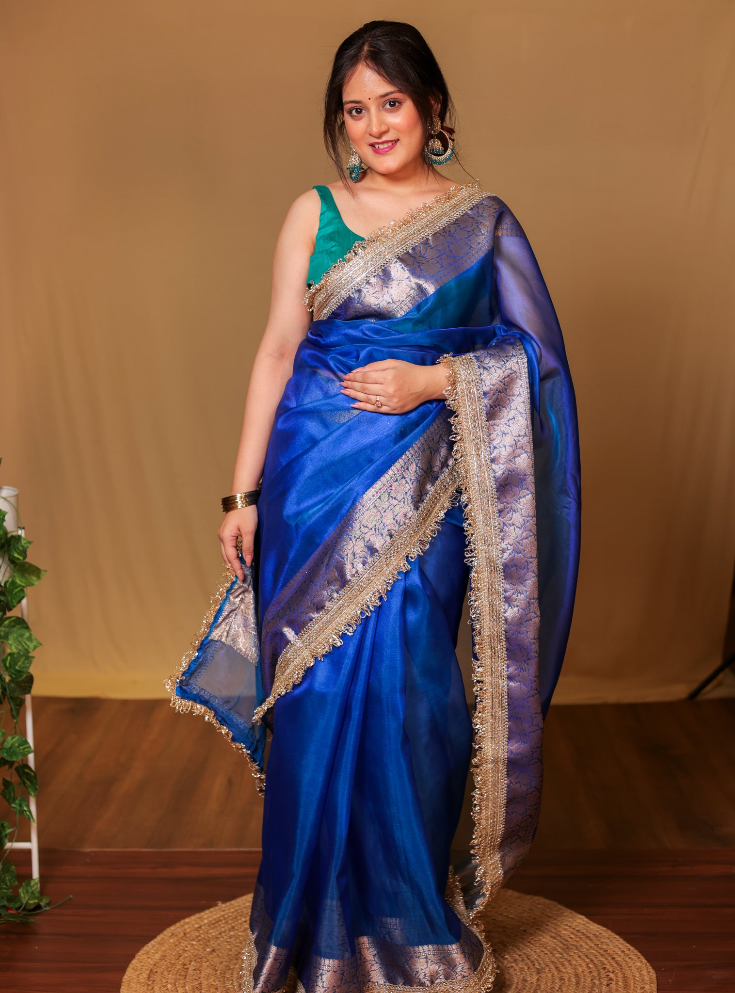 Banarasi Tissue Saree With Zari Weaving & Lace Border - Blue