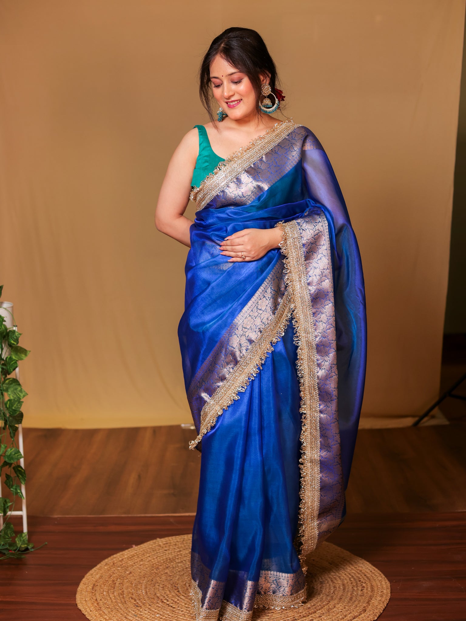 Banarasi Tissue Saree With Zari Weaving & Lace Border - Blue